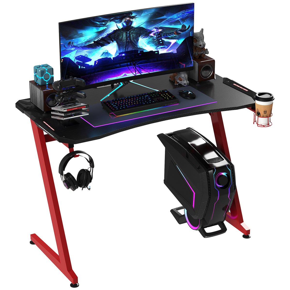 HOMCOM 122 x 66 cm Gaming Desk, Carbon Fibre Covered Computer Desk, Gamer Workstation with Headphone Hook, Cup Holder and Gamepad Storage Rack, Black and Red Default Title