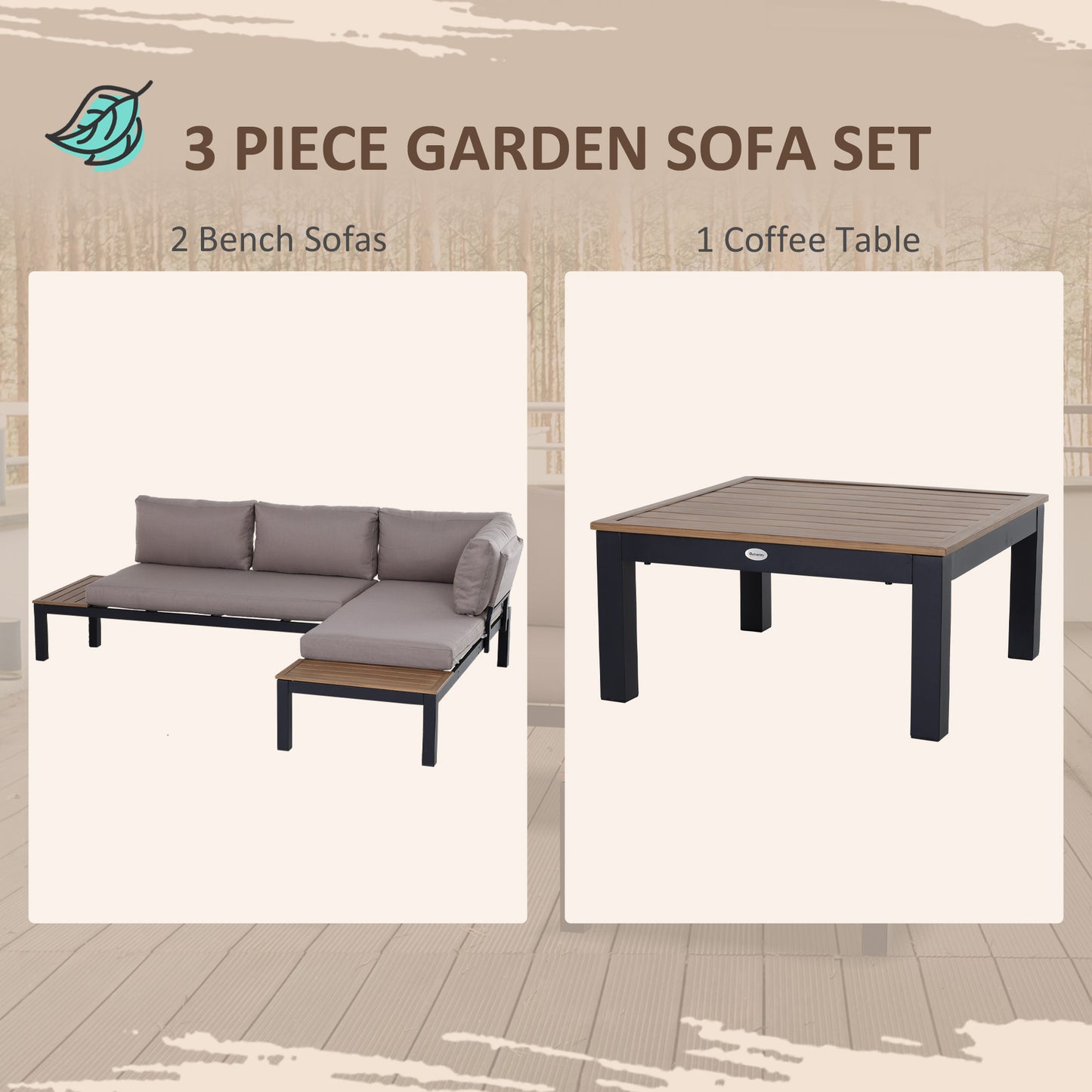 Outsunny 3 Pieces Garden Furniture Set, Aluminium 4 Seater Corner Sofa Set with 2 Loveseats, Coffee Table and Side Trays, Outdoor Conversation Furniture with Cushions for Garden, Black