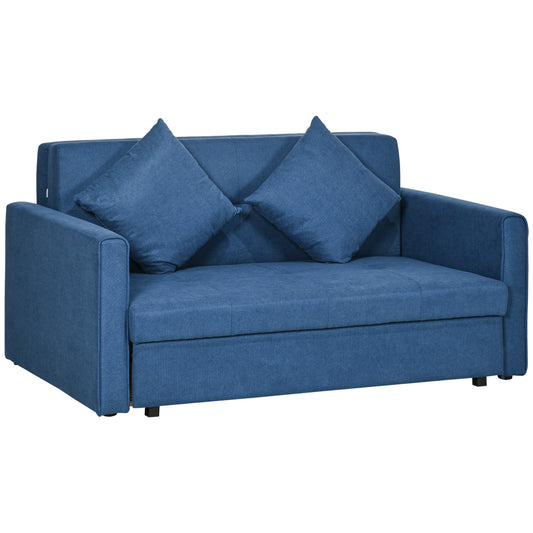 HOMCOM 2 Seater Sofa Bed with Hidden Storage, Pull Out Convertible Bed Settee, Modern Snow Flannel Loveseat Sofa Sleeper with 2 Cushions for Living Room, Guest Room, Deep Blue