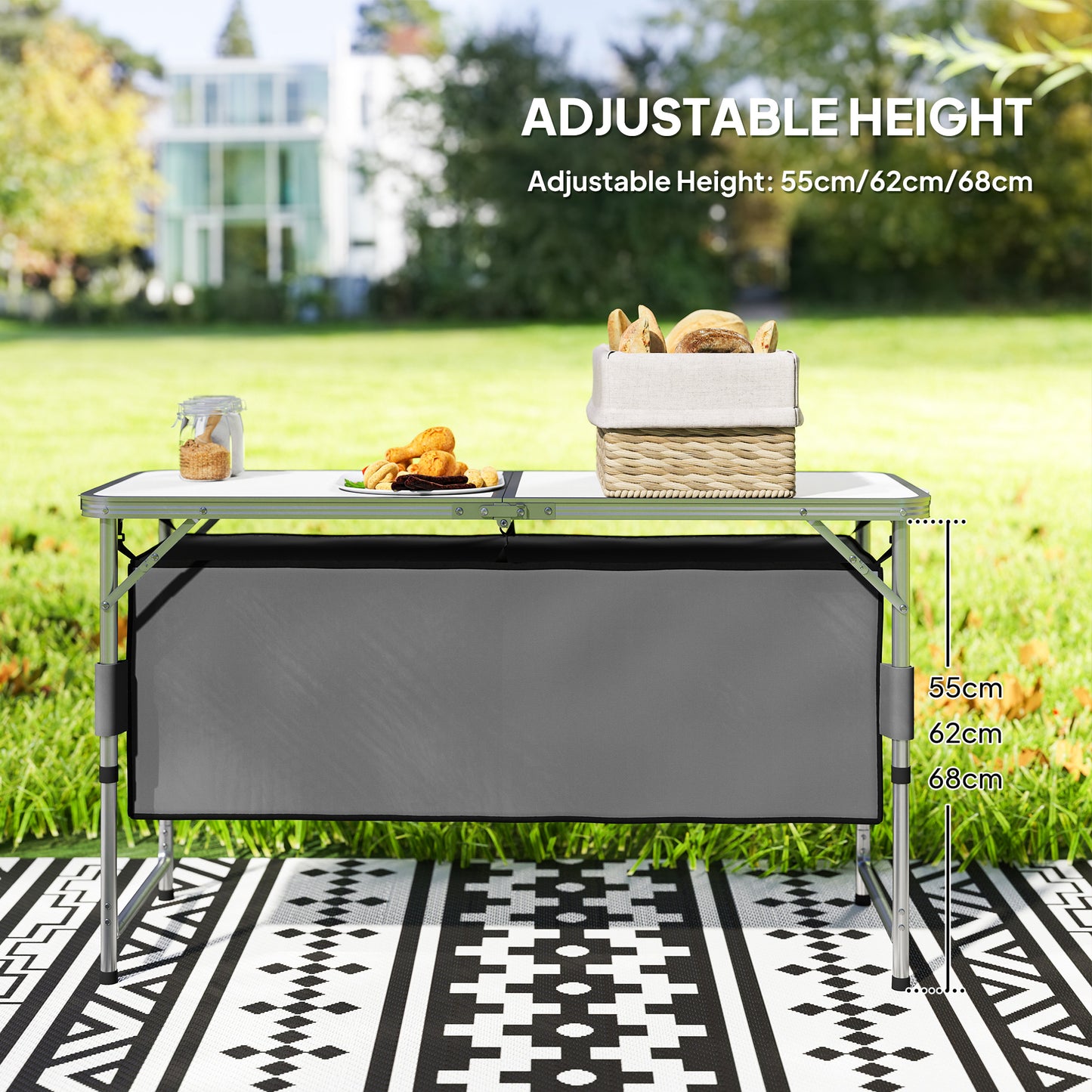Outsunny 4ft Folding Camping Cupboard Kitchen, Height Adjustable Aluminium Camping Table with Storage, Lightweight Picnic Table for Outdoor Garden BBQ Party