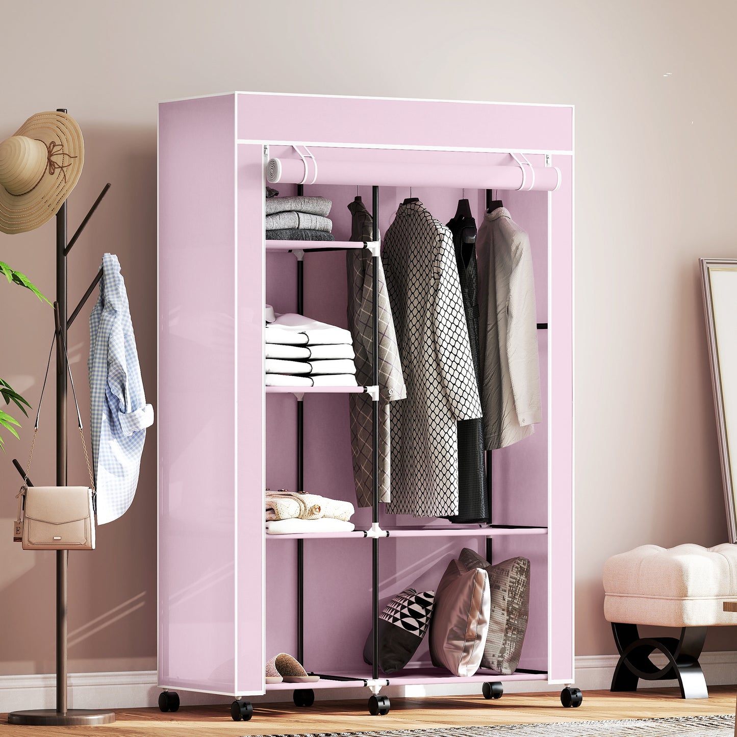 HOMCOM Fabric Wardrobe w/ Shelves Hanging Rail Foldable Wardrobe Pink