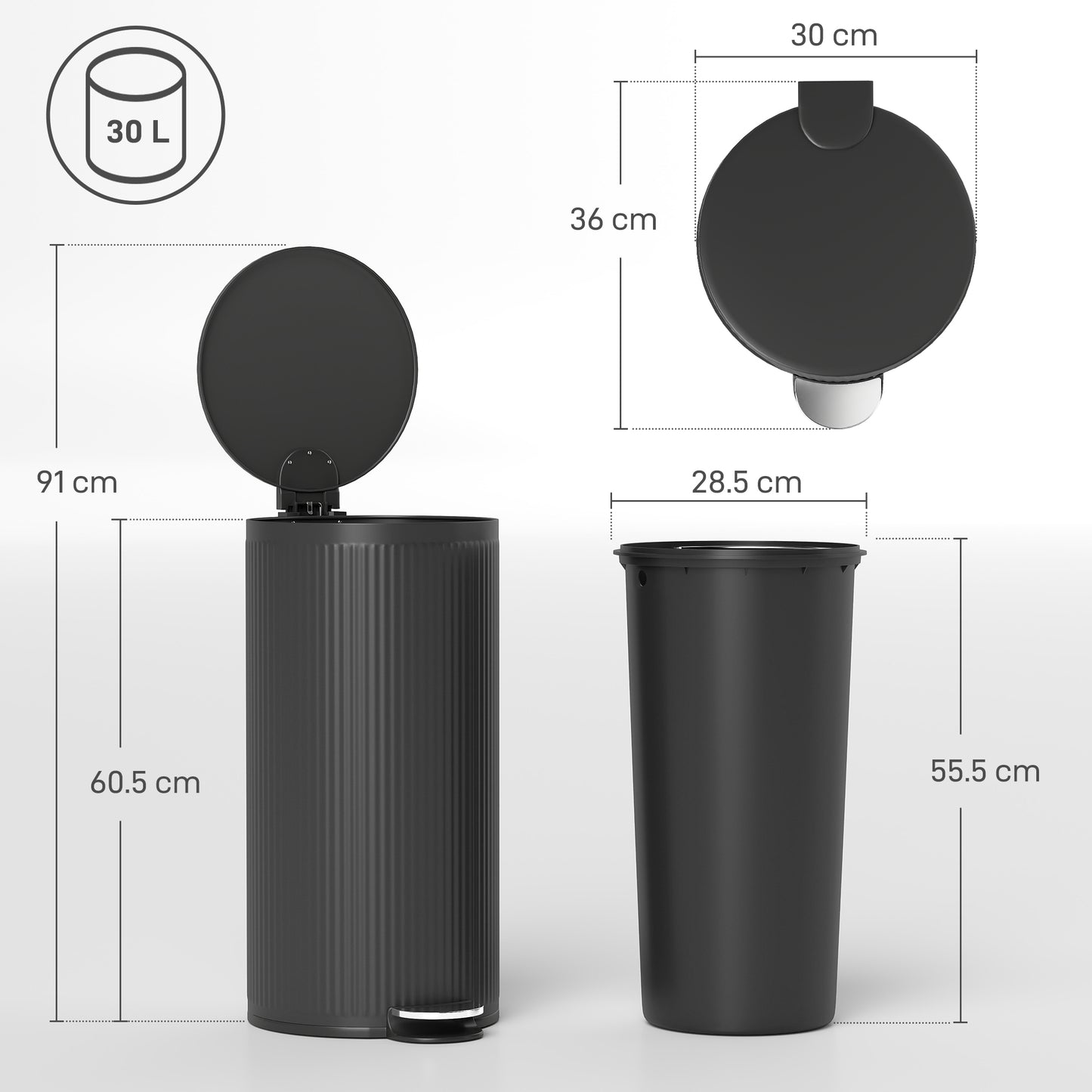 HOMCOM 30 Litre Pedal Kitchen Bin with Soft Close and Stay Open Lid, Rubbish Bin with Removable Inner Bucket for Kitchen, Office, Home, Black