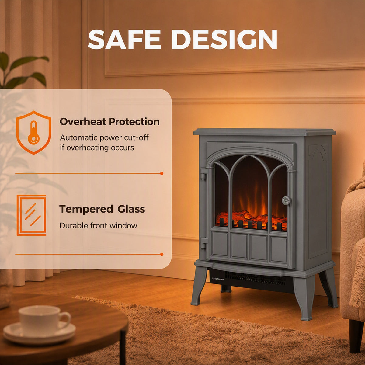 HOMCOM Freestanding Electric Fireplace, Electric Log Burner with LED Flame Effect, Overheating Safety System, 1000W/2000W Grey