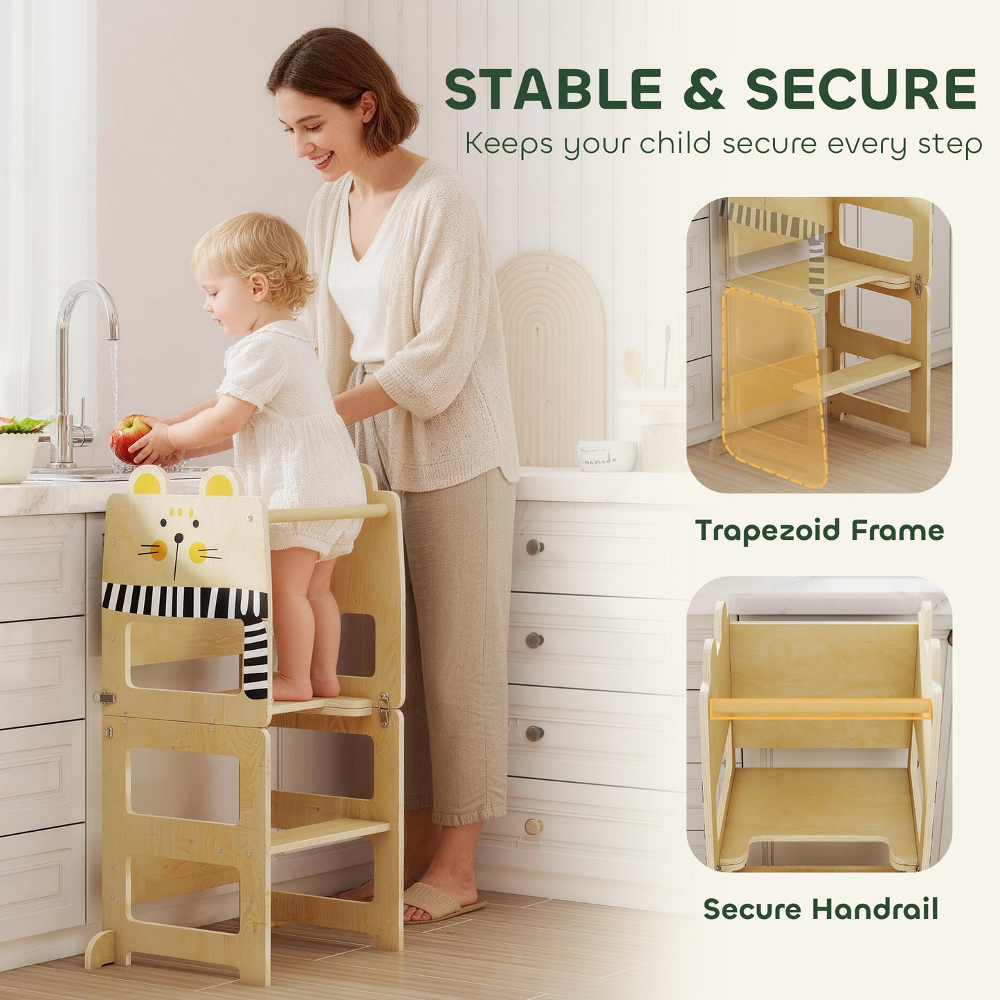 AIYAPLAY Toddler Step Stool, Standing Tower with Chalkboard, 3-in-1 Cat-Shaped Step Stool for Kitchen Counter, Natural