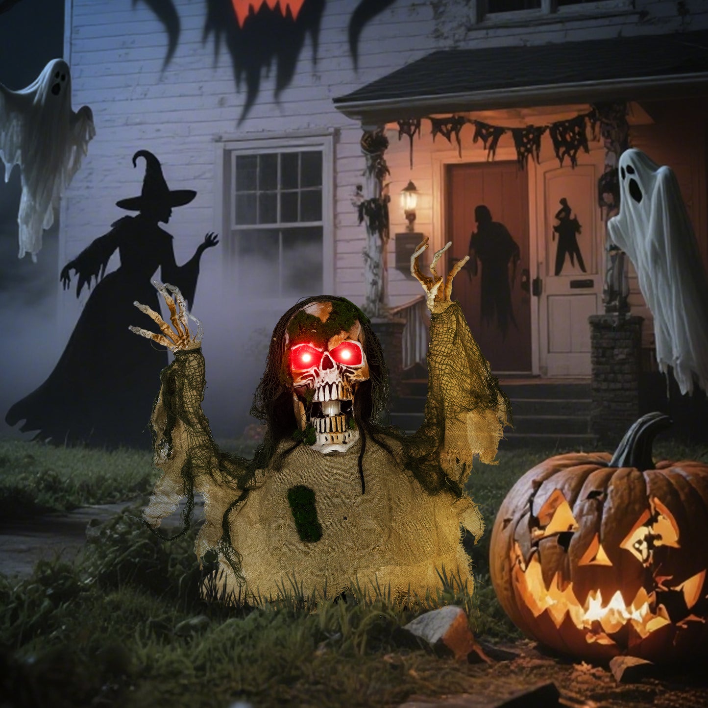 Outsunny Halloween Animated Skeleton with Glowing LED Eyes, Half-Body Scary Halloween Decorations, Battery Operated, Indoor Party Props