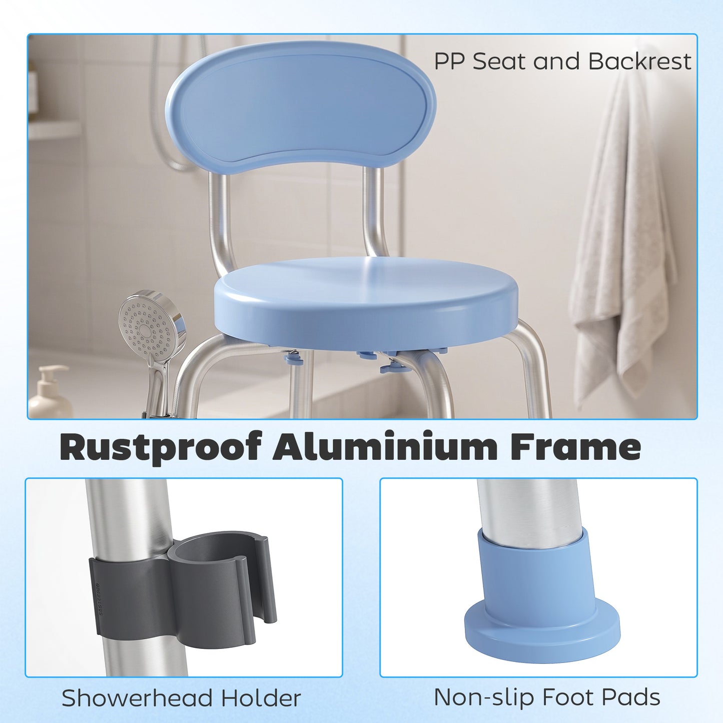 HOMCOM 360Â° Swivel Shower Stool with Aluminium Frame, 5-Level Adjustable Height, Backrest, Non-Slip Shower Chair for Elderly