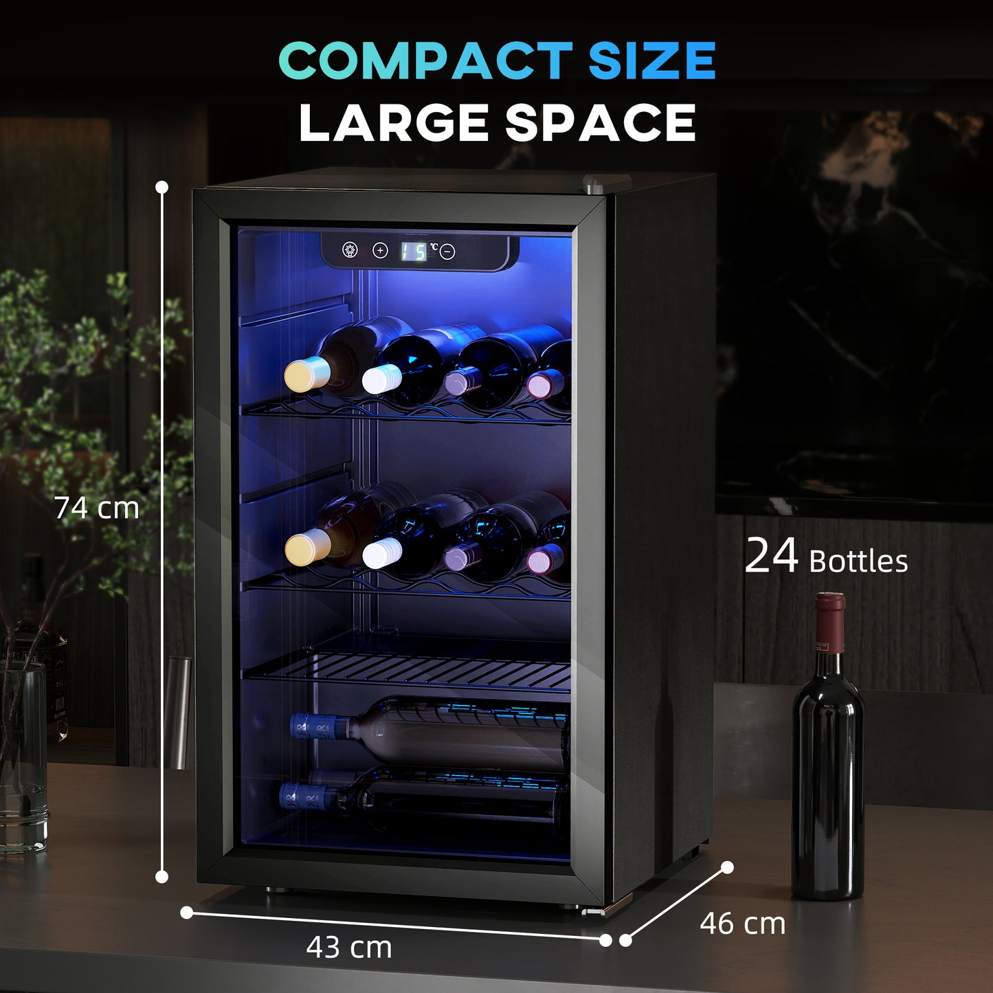 HOMCOM 24 Bottle Wine Cooler, 68 Litre Capacity, 4-16Â°C Freestanding Drinks Wine Fridge with Glass Door, Black