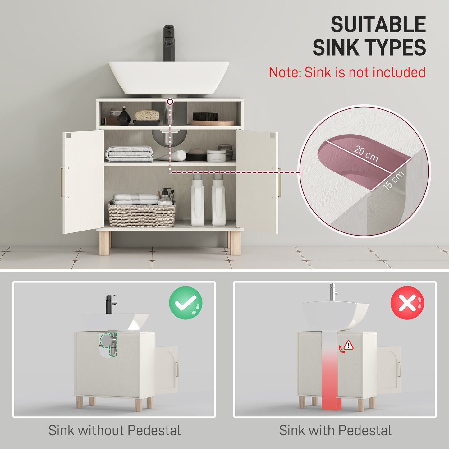 HOMCOM Under Sink Cabinet for Basin without Pedestal - Cream White