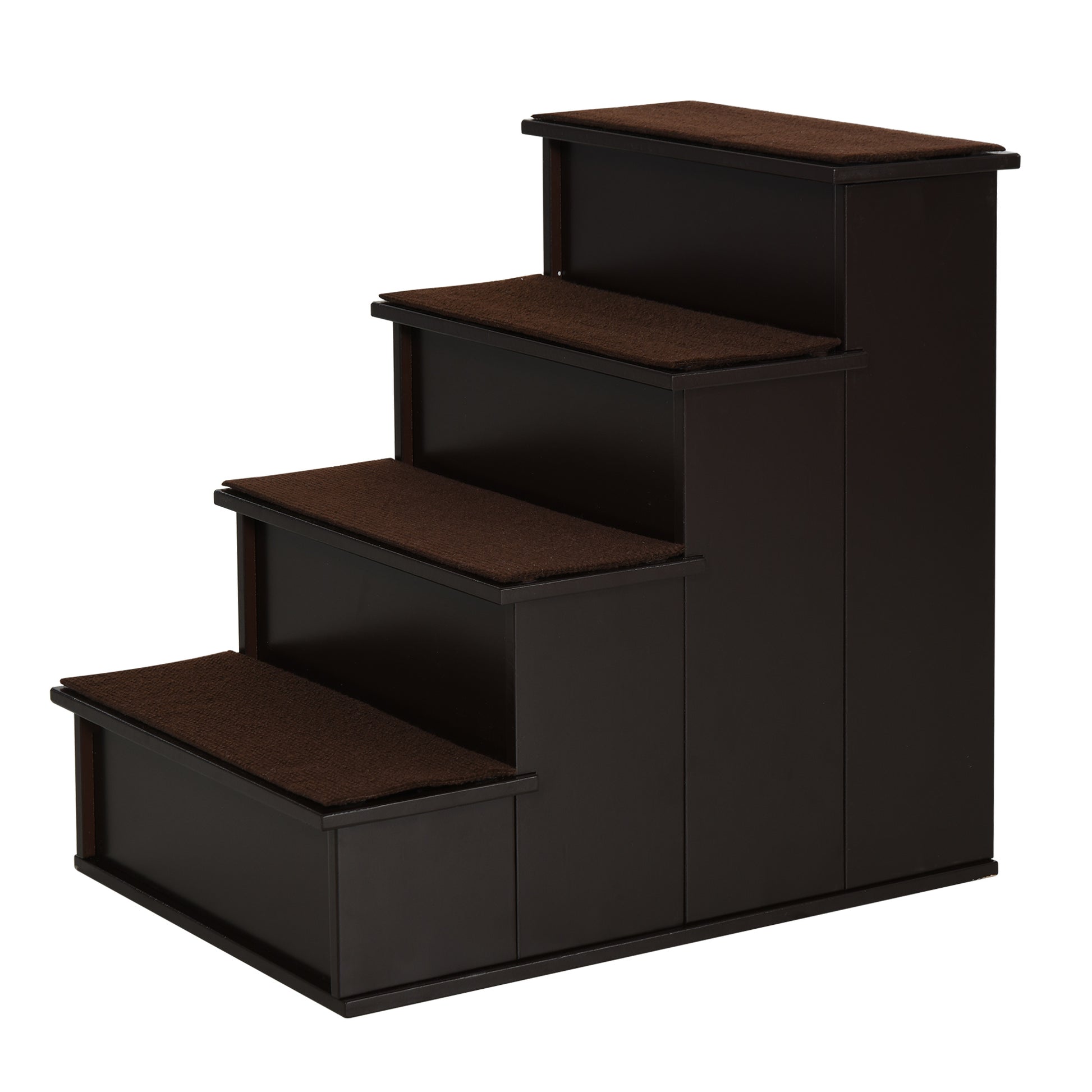 PawHut 4 Step Dog Steps for Bed, Wooden Dog Steps for Sofa, Pet Stairs for Bed Couch with Non-Slip Carpet for Cats and Puppies, 40 x 59 x 54.2 cm, Dark brown