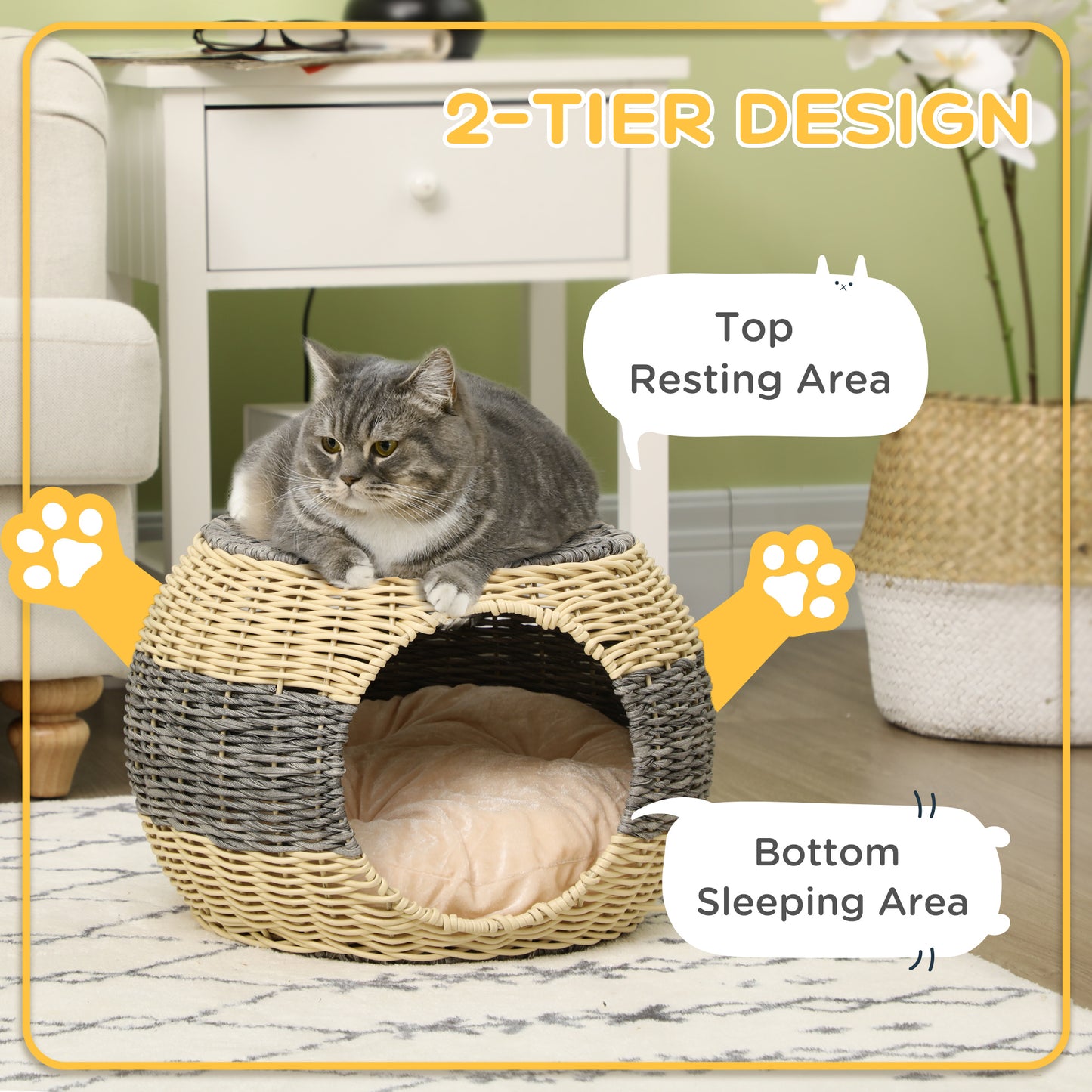 PawHut Wicker Cat House, Rattan Raised Cat Bed, Cosy Kitten Cave with Soft Washable Cushion, Î¦40 x 30cm