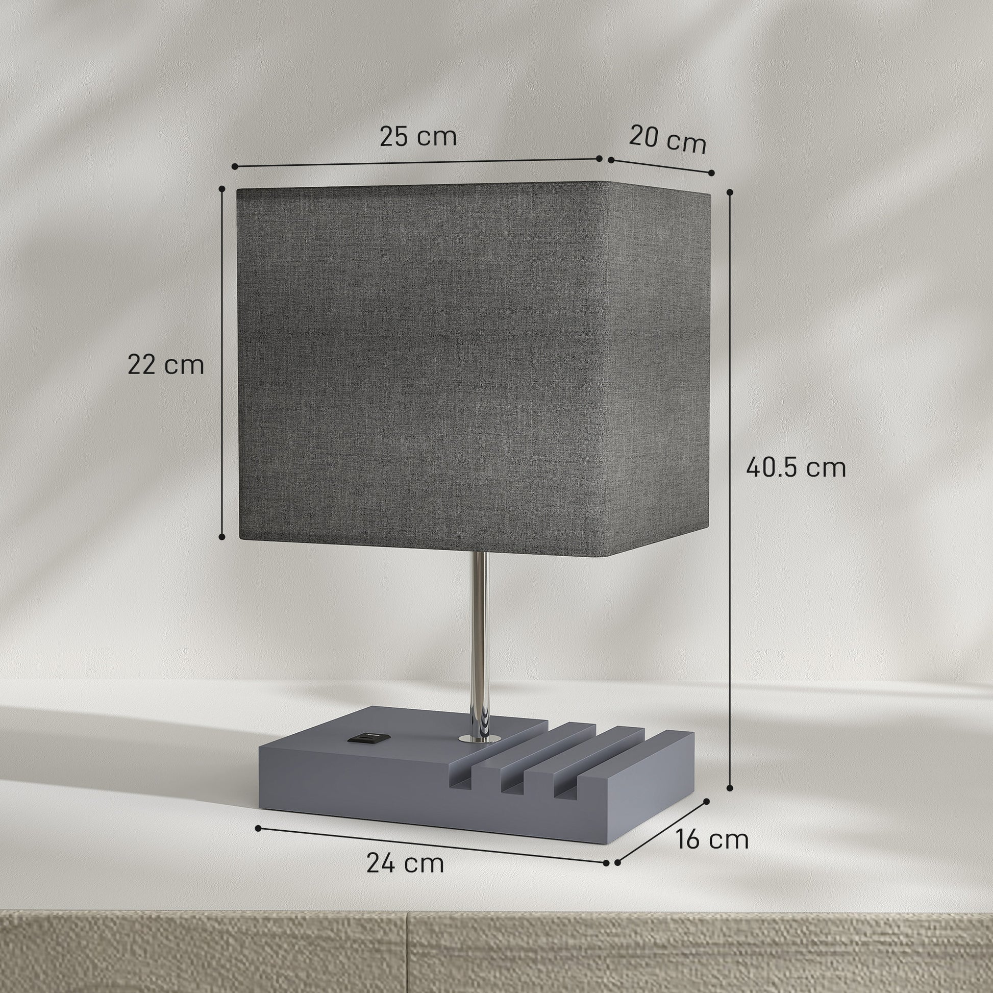 HOMCOM Bedside Lamp with USB A+C Charging Ports and 3 Phone Stands, Modern Table Lamp with Solid Wood Base and Fabric Shade for Bedroom Living Room Office, E27 Socket, Bulb Not Included, Grey