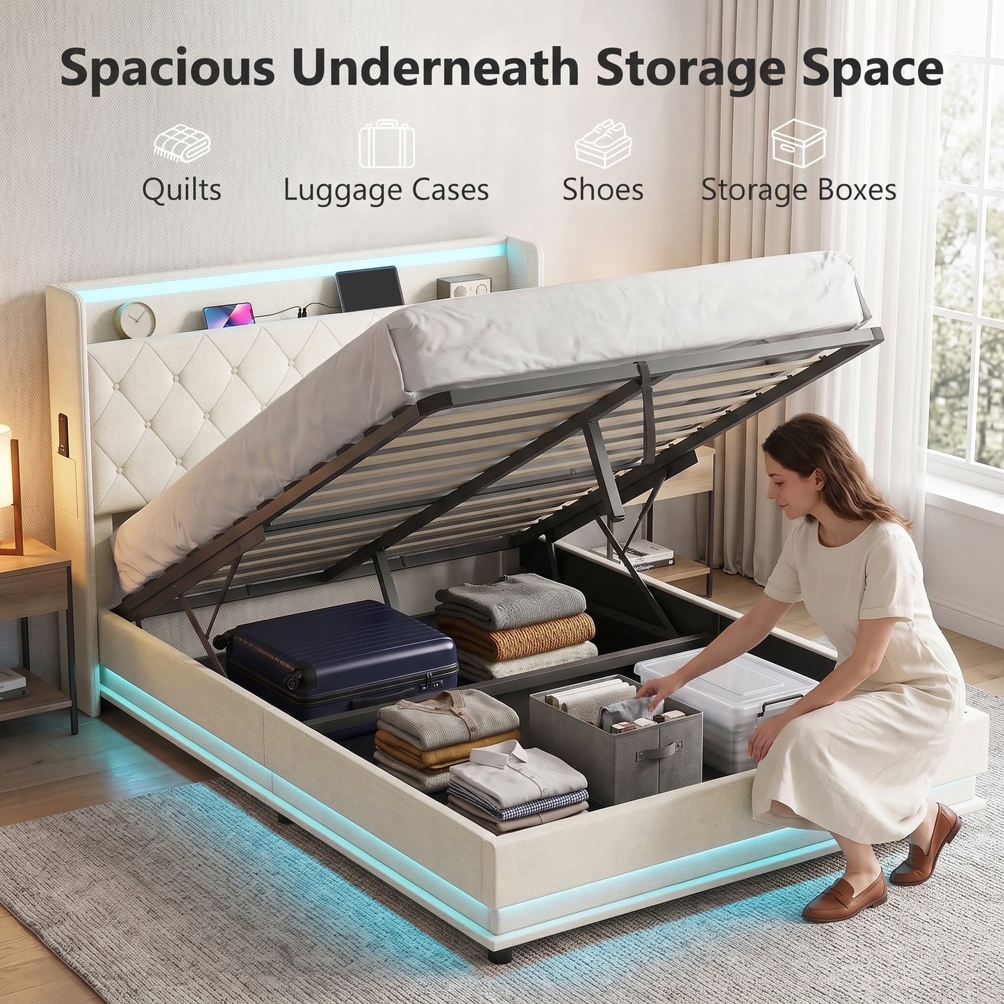 HOMCOM 4ft6 Double Bed Frame with Headboard, Platform Bed Frame with Hydraulic Storage, LED Lights and Charging Station, Cream