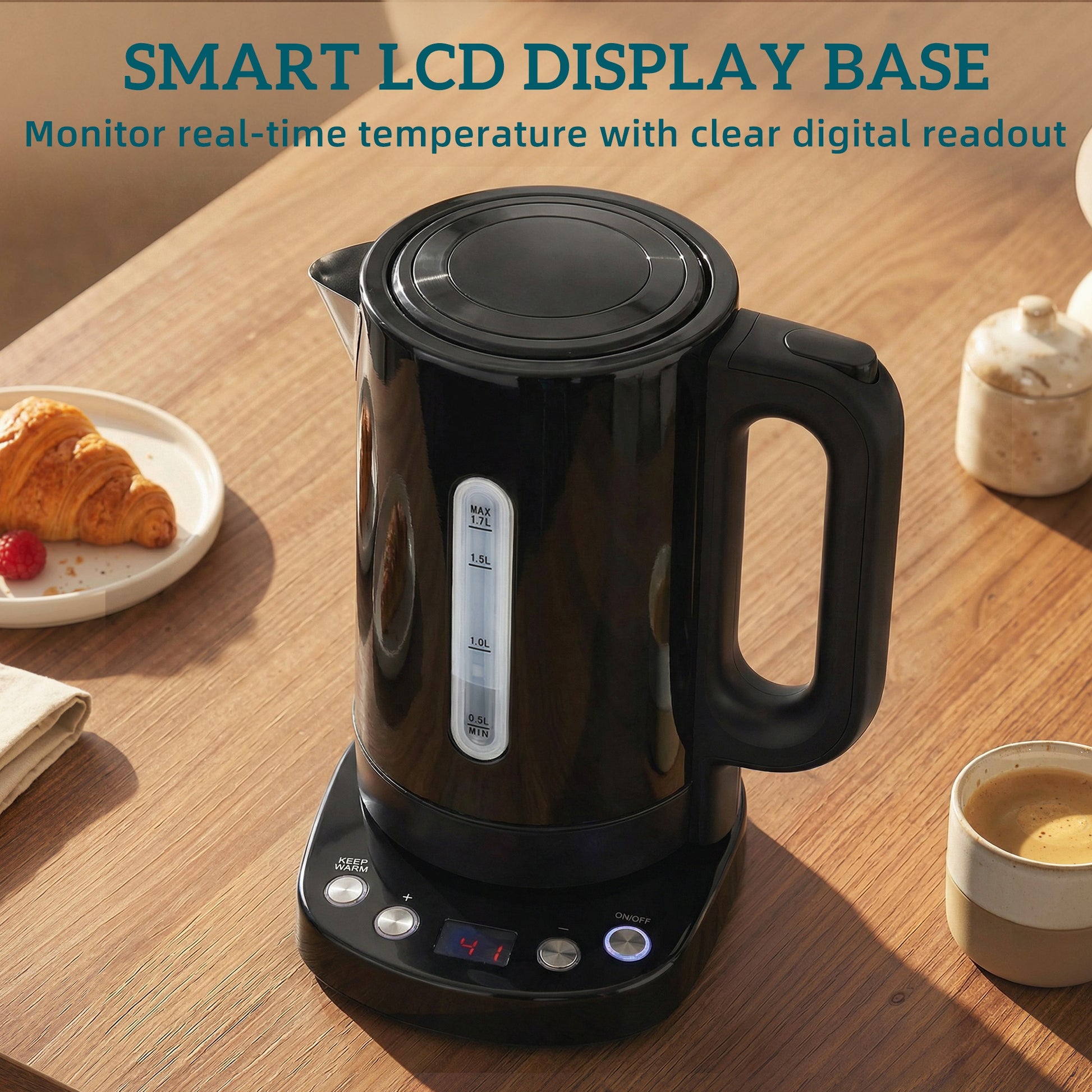 HOMCOM Electric Kettle, 1.7L, Fast Boil, 3kW Water Kettle with UK Strix Thermostat, Keep Warm Function, LCD Base, Black