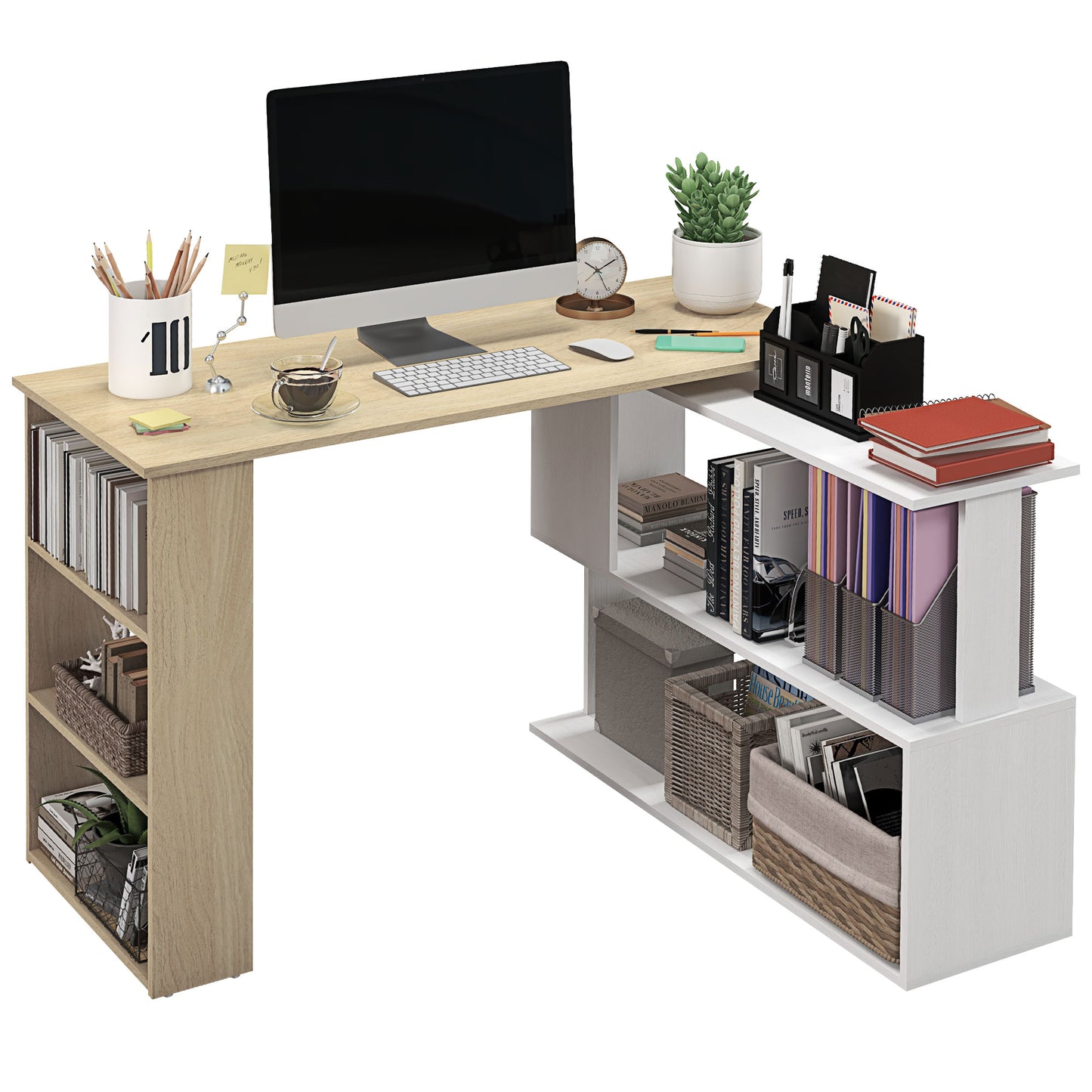 HOMCOM L-shaped desk modular computer desk built-in bookcase + 3-tier shelf white and natural wood