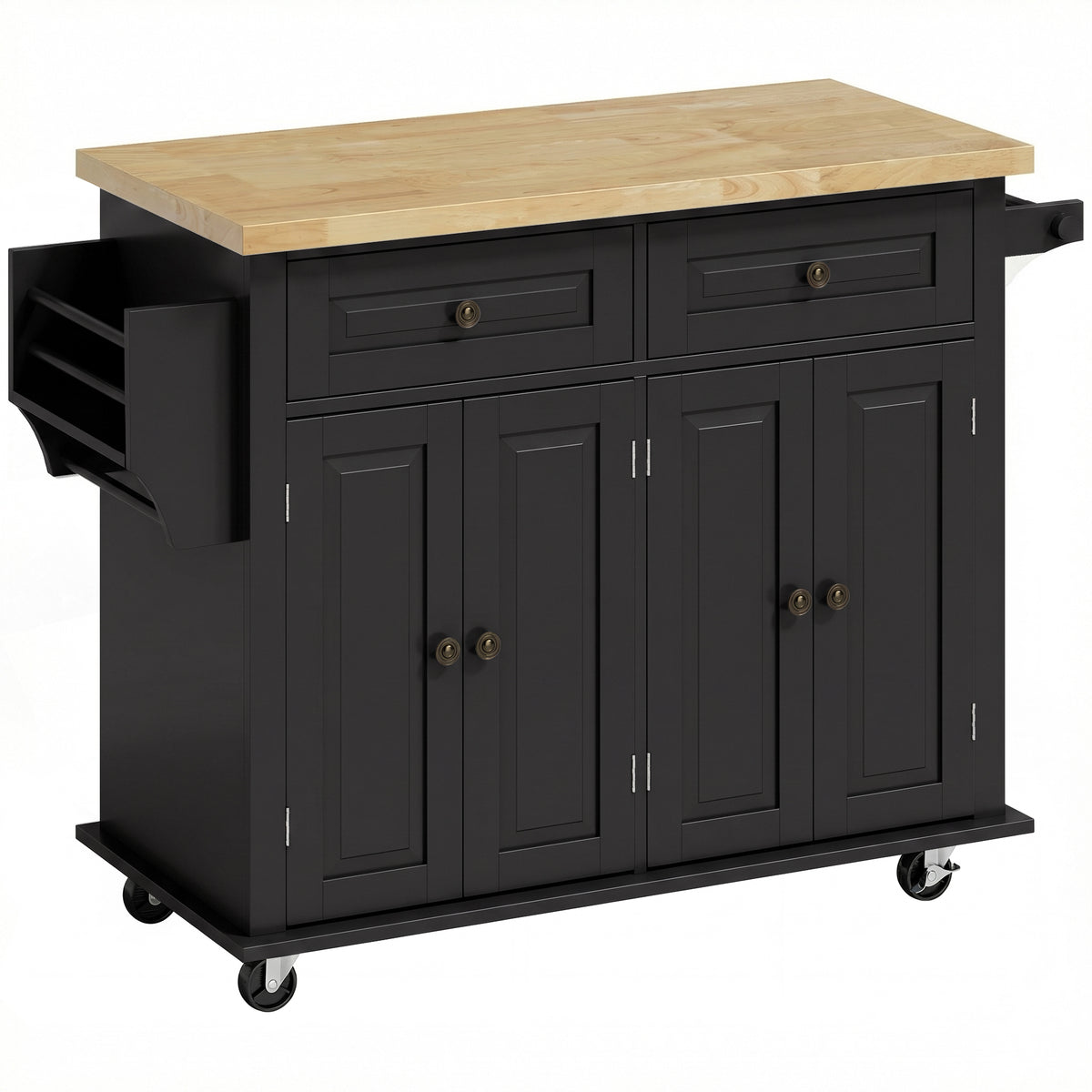 HOMCOM Kitchen Island on Wheels, Rolling Kitchen Trolley with Rubberwood Top, 2 Drawers, Adjustable Shelves, Black Default Title