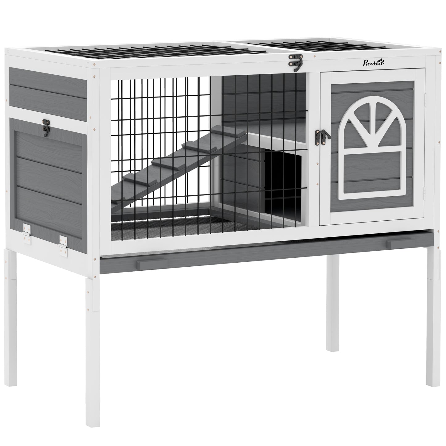 PawHut Wooden Rabbit Hutch, Guinea Pig Cage, with Removable Tray, Openable Roof, Grey Default Title
