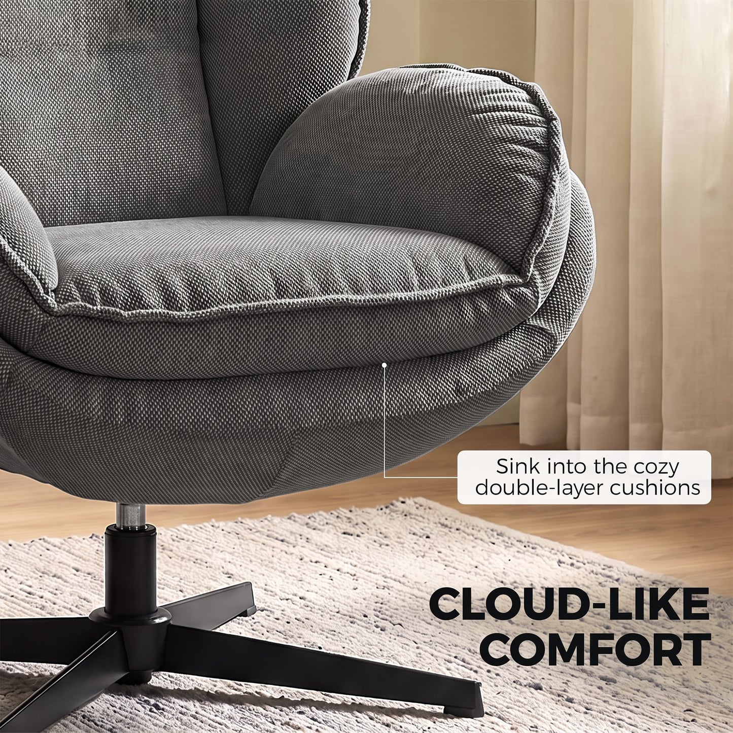 HOMCOM Armchair with Adjustable Footstool, 360Â° Swivel Chenille Cloud Accent Chair with Thick Cushion, Steel Base, Grey