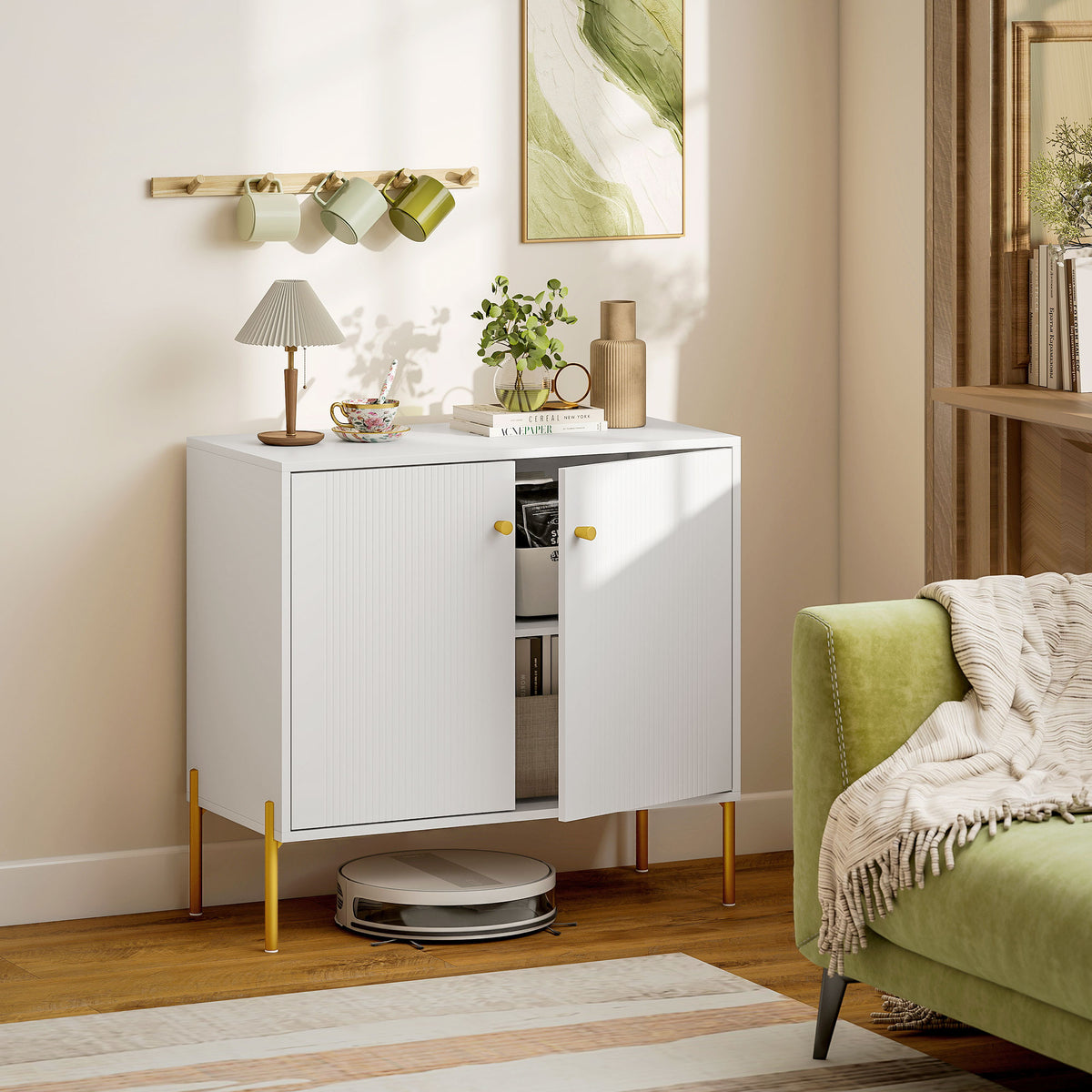 HOMCOM Modern Sideboard Cabinet with Fluted Doors, Kitchen Storage Cabinet with Adjustable Shelf and Steel Legs, White