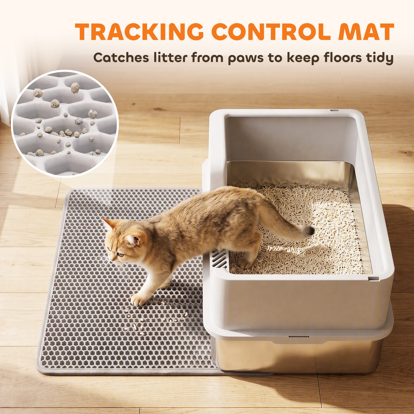PawHut XL Stainless Steel Cat Litter Tray with Lid, High Sided Cat Litter Box with Scoop and Mat, Light Grey