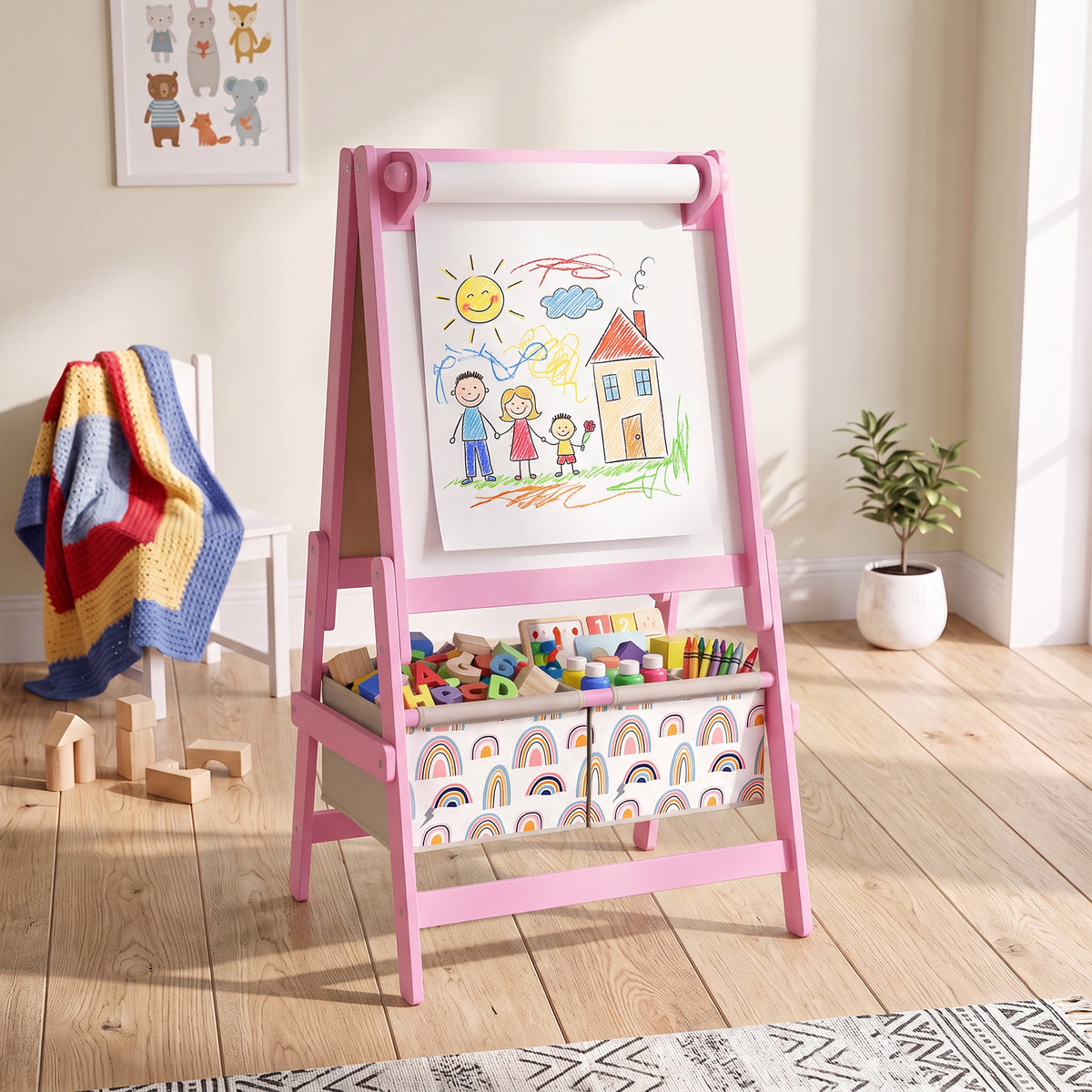 AIYAPLAY Art Easel for Kids, 3-in-1 Kids Easel with Chalkboard, Whiteboard, Paper Roll, Storage, Under-Board Shelf for 3-8, Pink