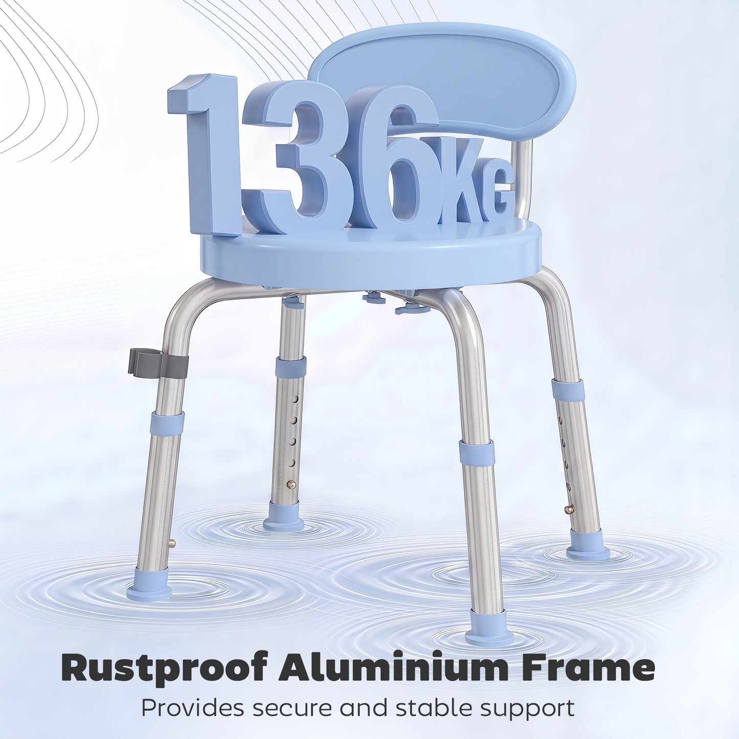 HOMCOM 360Â° Swivel Shower Stool with Aluminium Frame, 5-Level Adjustable Height, Backrest, Non-Slip Shower Chair for Elderly