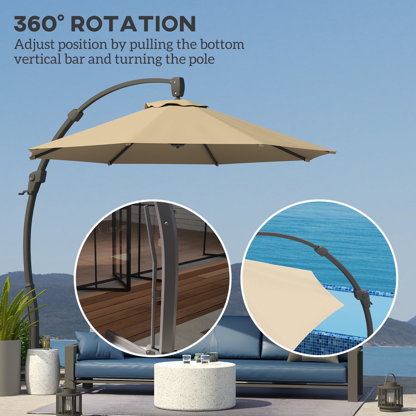 Outsunny 3(m) Garden Cantilever Parasol, Round Overhanging Umbrella with Crank Handle, Cross Base, Aluminium Frame and 360Â° Rotation, Banana Patio Umbrella for Outdoor Sun Shade, Khaki
