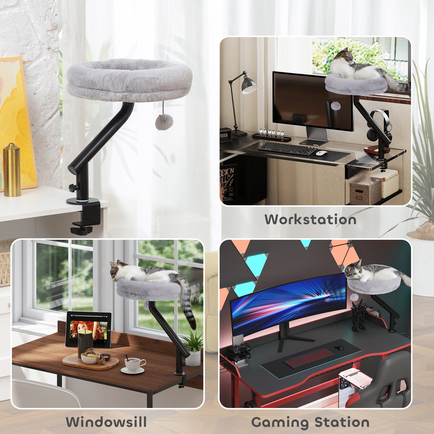 PawHut Cat Desk Bed, Cat Hammock 360Â° Rotatable Adjustable for Window, Table, Work, Grey