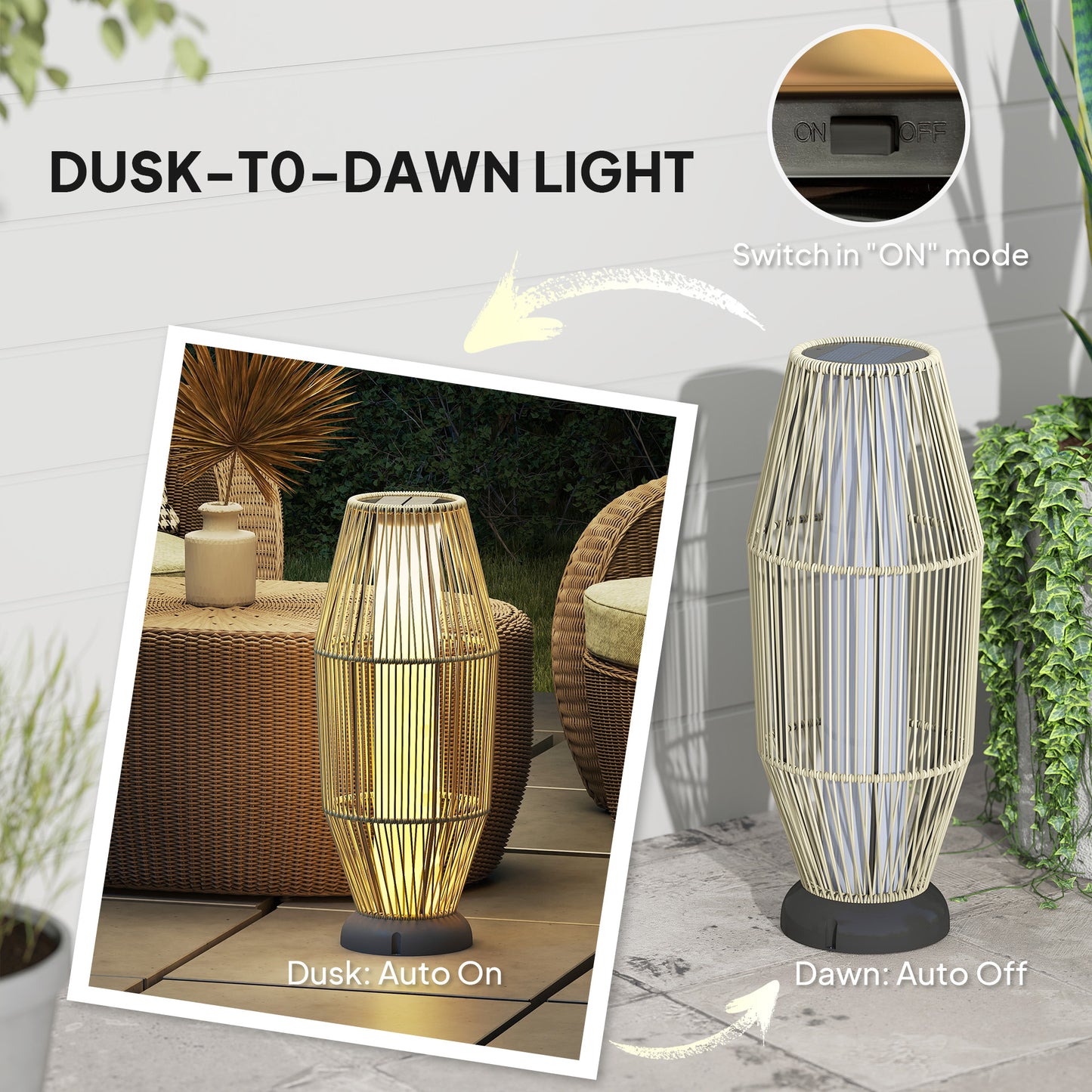 Outsunny Garden Rattan Lamp, 72 cm Tall Solar Rattan Floor Lamp, Solar Garden Light with Auto On/Off LED, IP44 for Outdoor, Porch, Pathway, Terrace, Grey