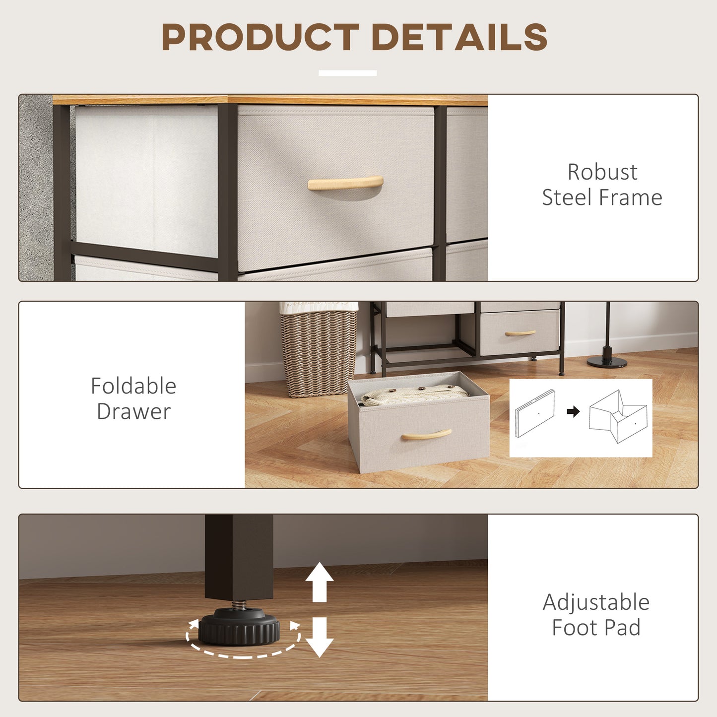 HOMCOM Fabric Chest of Drawers, Industrial Bedroom Dresser with 6 Fabric Drawers, Steel Frame and Wooden Top for Nursery, Living Room, Hallway, Cream White