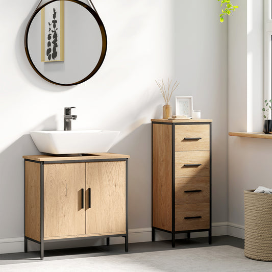 HOMCOM Bathroom Vanity Unit, Under Sink Storage Cabinet with 2 Doors, Adjustable Shelf for Basin without or with Pedestal, Oak