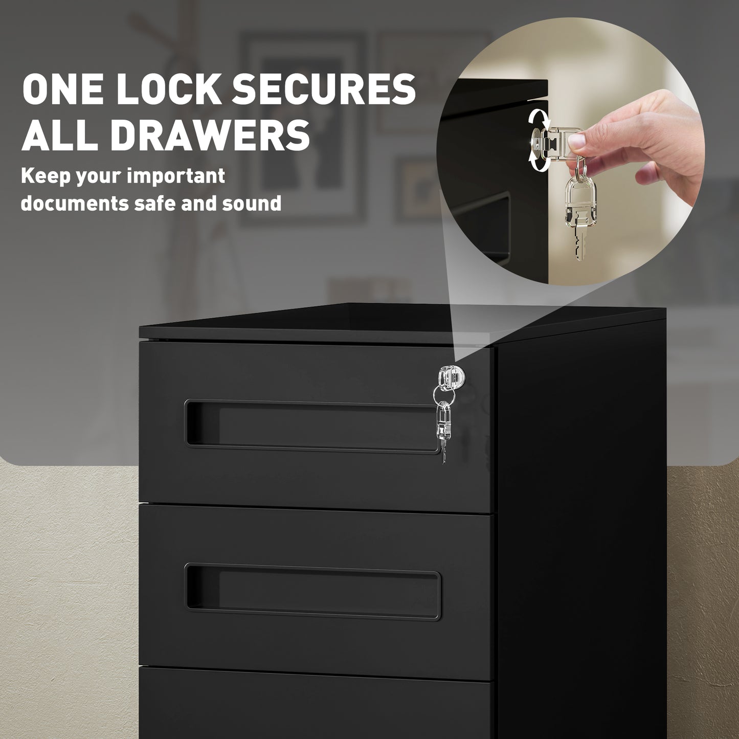Vinsetto Three-Drawer Steel Filing Cabinet - Black