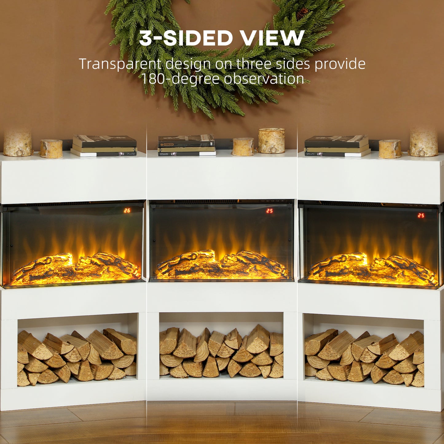 HOMCOM 19" Electric Fireplace with Surround, 3D Flame Effect, 6 Colours & 3 Brightness Levels, 1000W/2000W White Electric Fire and Mantel Reach up to 30ãŽ¡ Space with Remote & Timer, 3 Sided View