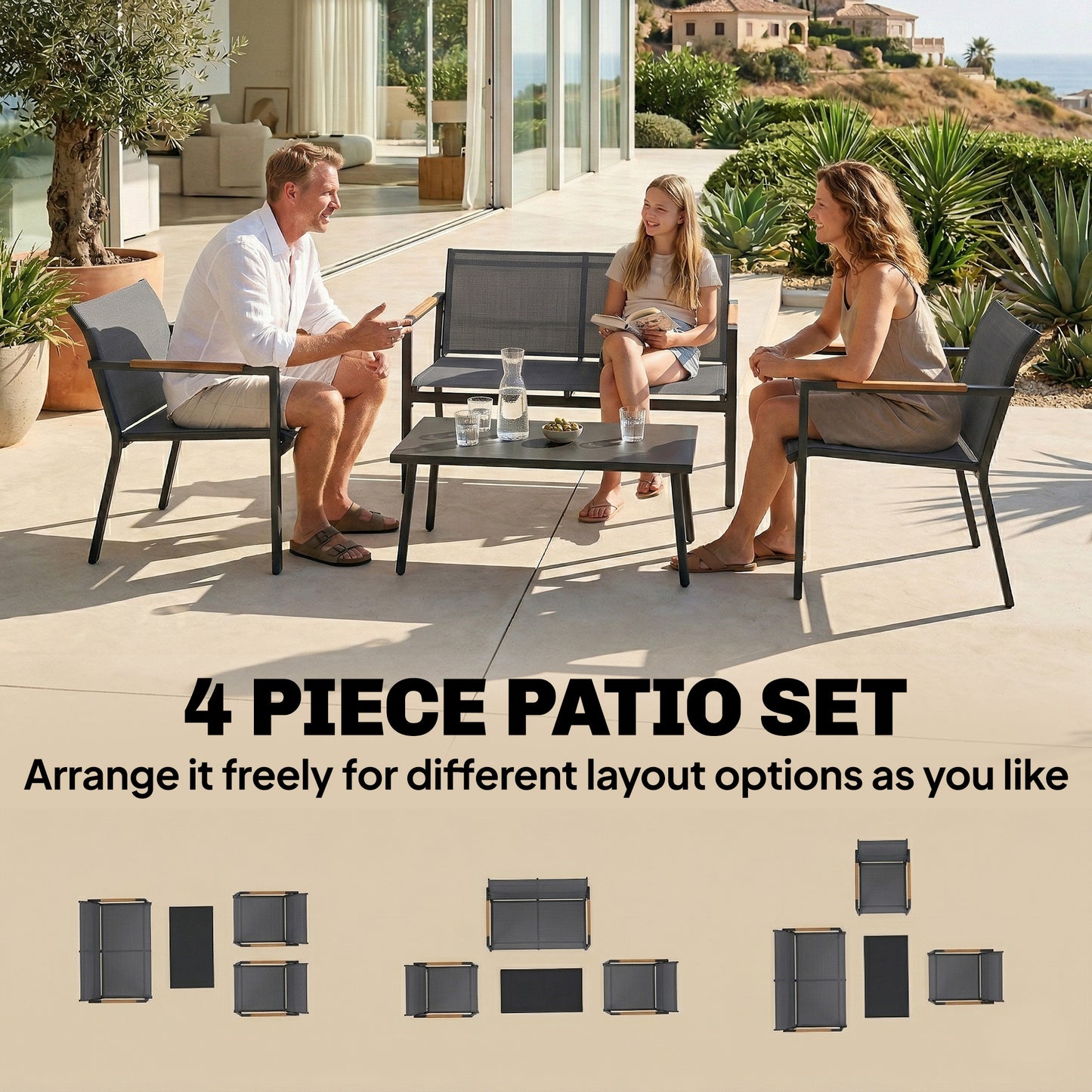 Outsunny 4 Seater Garden Furniture Set with Loveseat, Armchairs, Table, Metal Garden Sofa Set with Breathable Seats, Grey