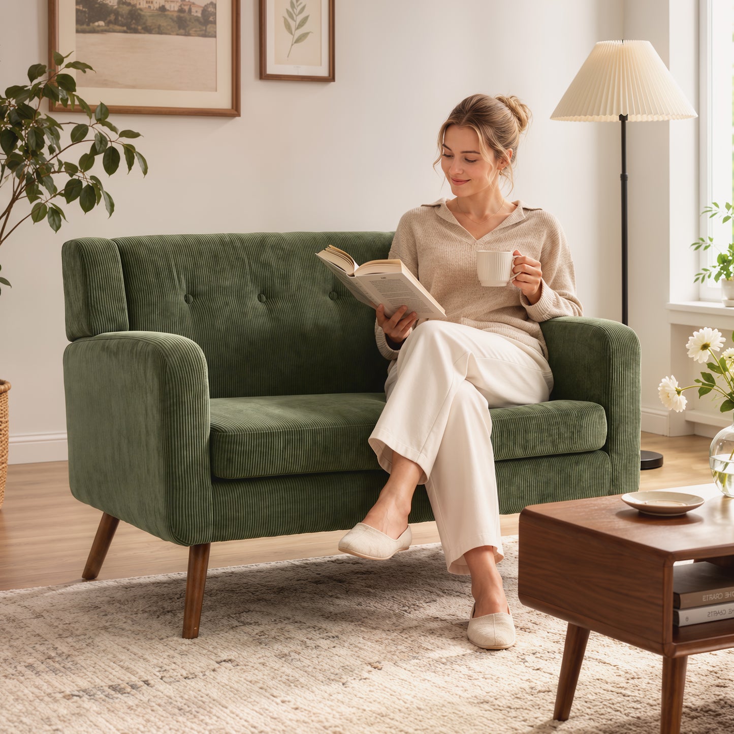 HOMCOM 2 Seater Sofa, 118 cm Corduroy Small Loveseat with Spring Cushion, Wood Legs for Small Space, Living Room, Dark Green