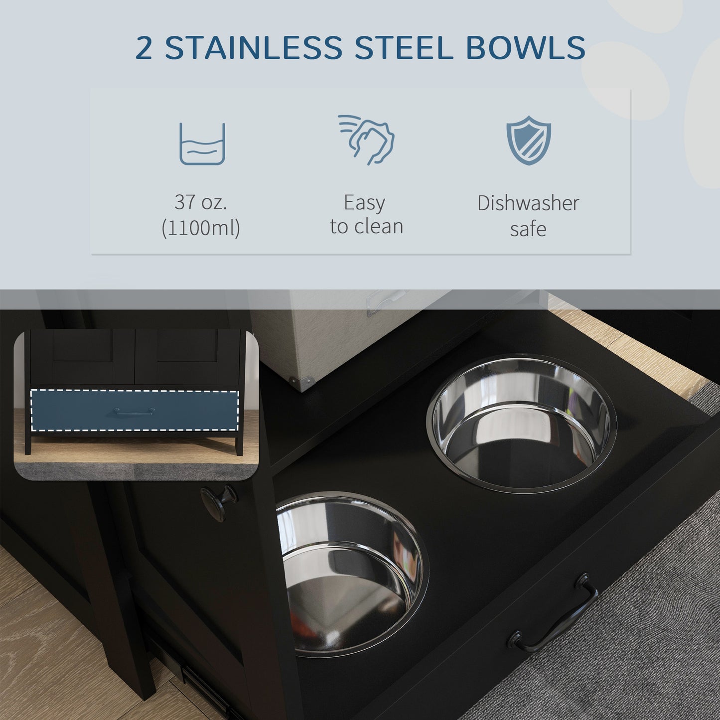 PawHut Pet Feeding Station with Raised Dog Bowls, Adjustable Panel, Hooks, Black