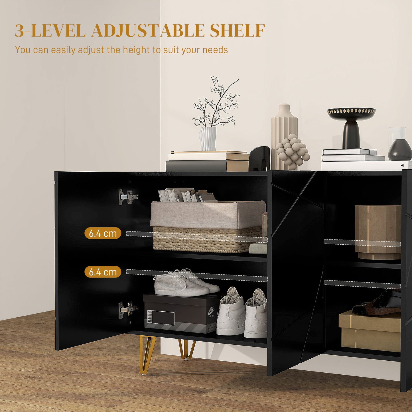 HOMCOM Modern Luxe High Gloss Sideboard, with Hairpin Legs - Black