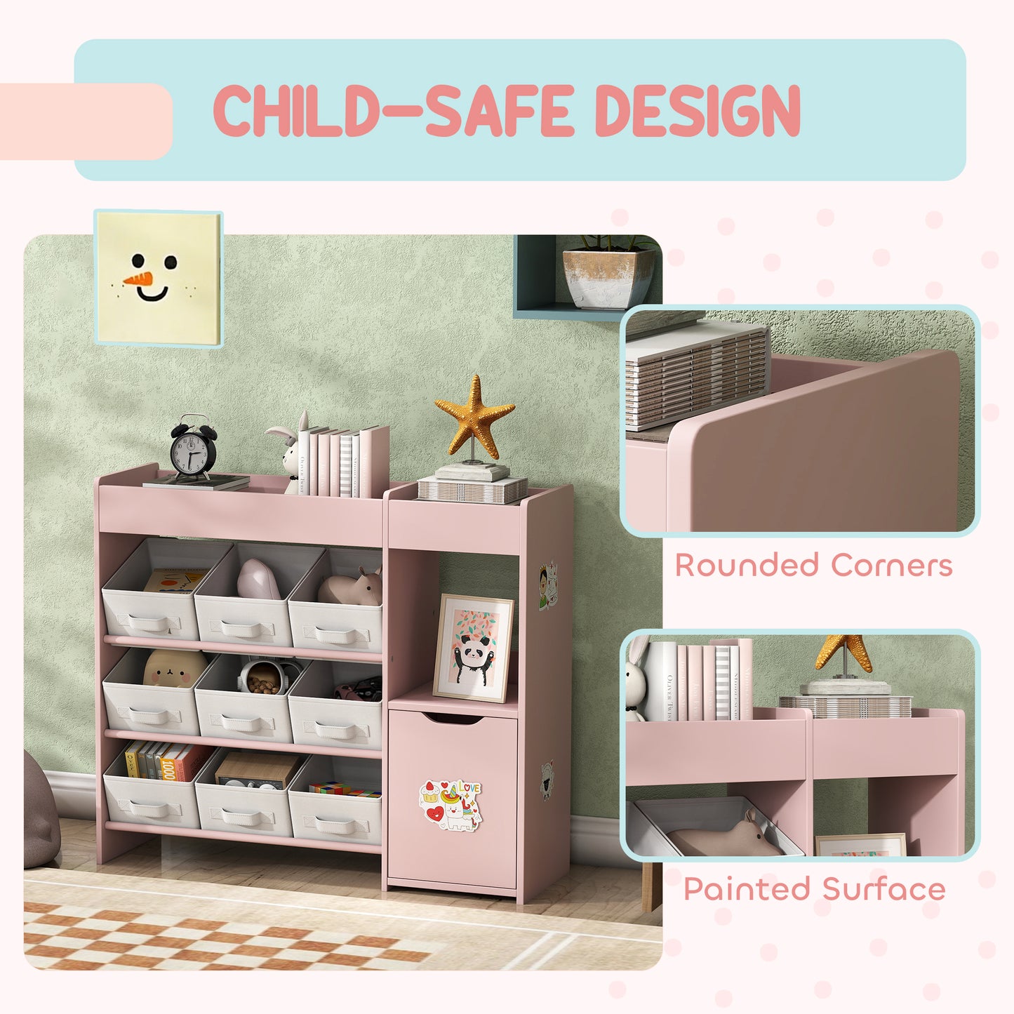 AIYAPLAY Kids Toy Storage, 9 Removable Fabric Bins, Wooden Toy Storage Units for Toys and Books for Bedroom, Nursery, Pink