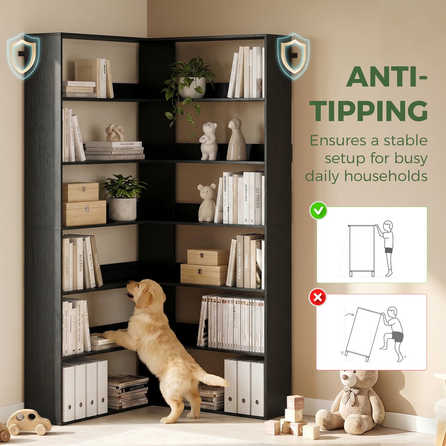 HOMCOM 7 Tiers Bookshelf, L-Shaped Corner Bookcase with Anti-Slip Rear Guard, Black Wood Effect