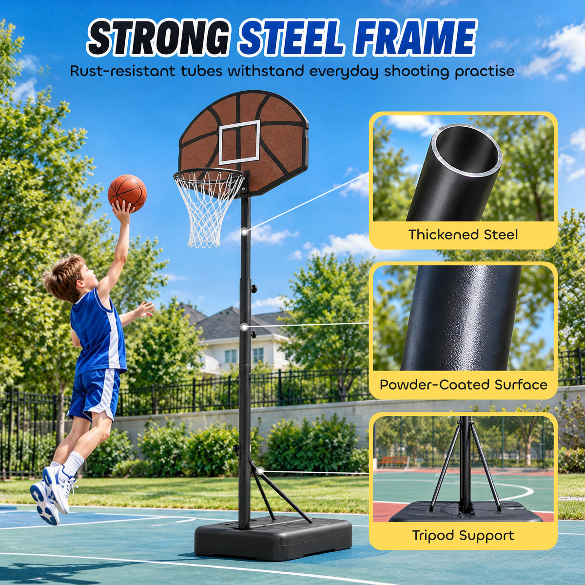 AIYAPLAY Kids Basketball Hoop and Stand, Adjustable Height, 172.5 /185.5 /199 cm, Outdoor Play Game Toys for Ages 3â€“8, Black