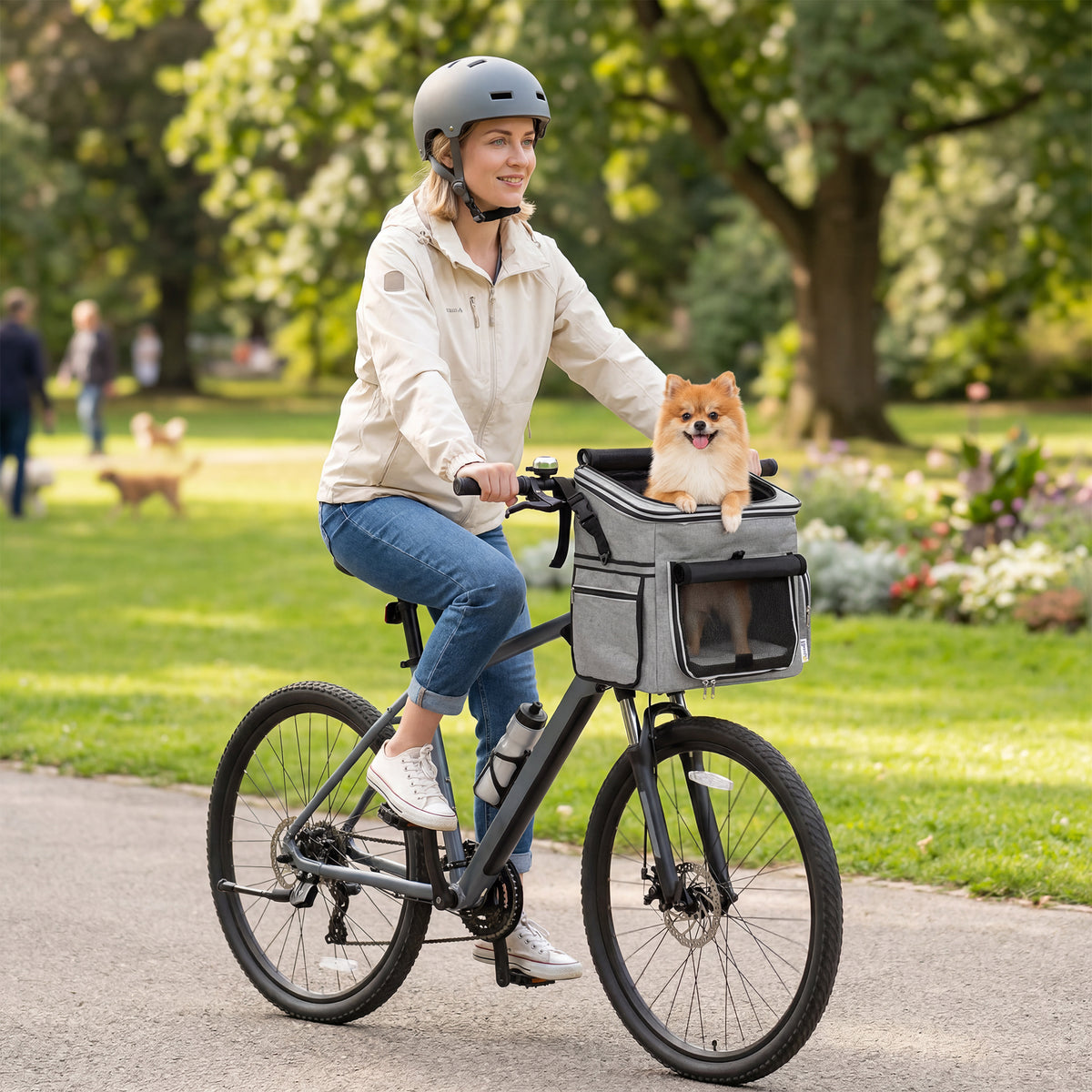 PawHut Dog Bike Basket, Soft-Sided Pet Carrier with Security Leash, Mesh Door & Window, Plush Cushion, Bowl, Light Grey