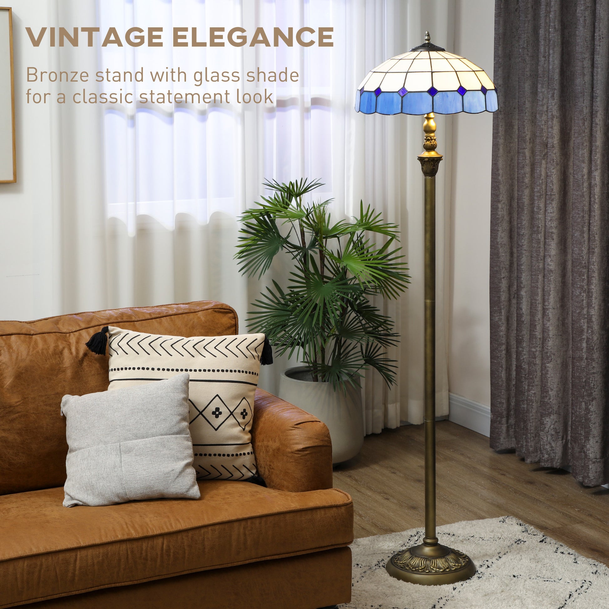 HOMCOM Tiffany-Style Floor Lamp with Handcrafted Stained Glass Shade, 152cm Tall Vintage Standing Lamp with Foot Switch and Dual Sockets for Living Room Bedroom, Bronze Tone and Blue