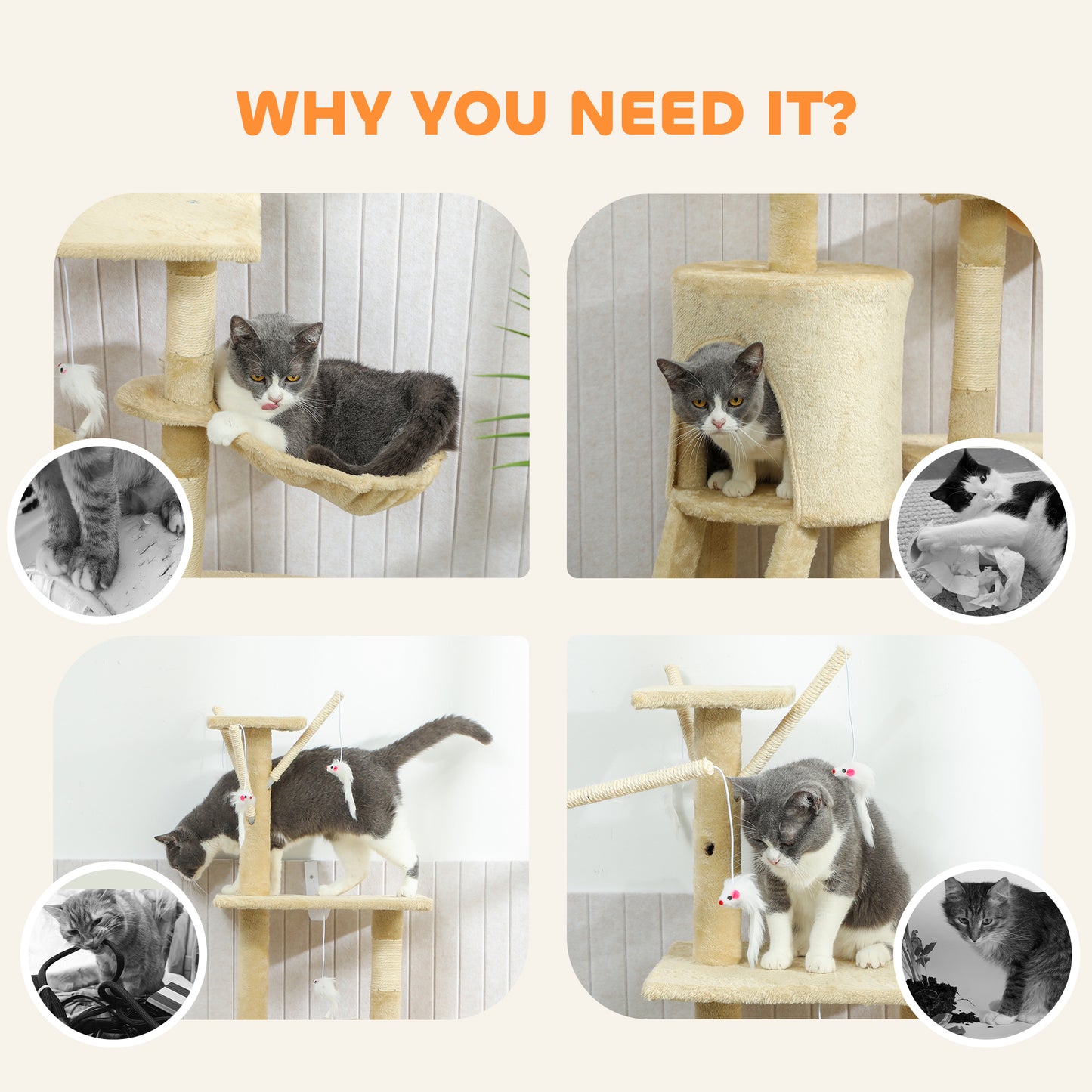 PawHut Multi-Level Cat Tower, 134cm Cat Tree with Condo and Sisal Scratching Posts for Indoor Kittens, Beige
