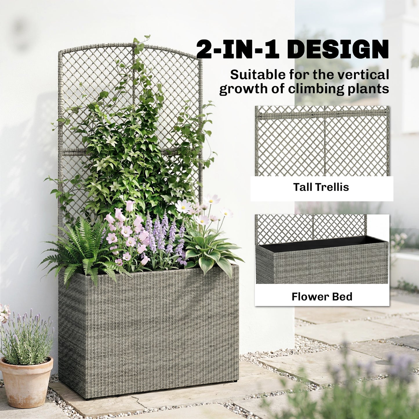 Outsunny Rattan Planter with Trellis, Raised Beds for Garden with Liner for Climbing Plants Vegetables Flowers, Dark Grey
