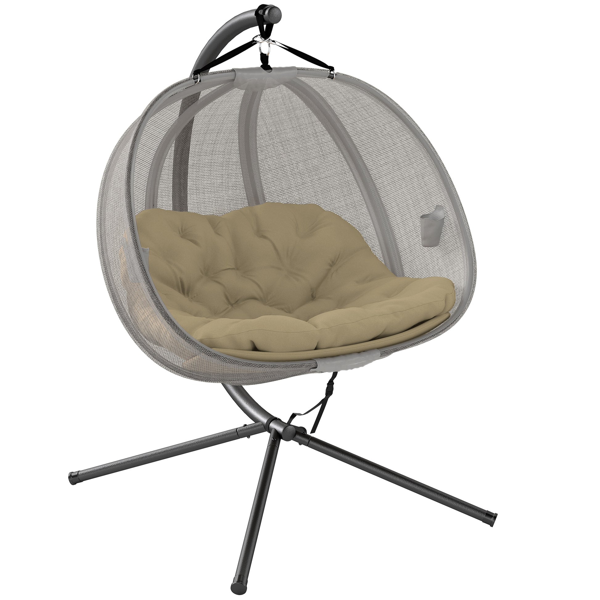 Outsunny Double Hanging Egg Chair 2 Seaters Texteline Swing Hammock Chair with Stand, Cushion and Folding Design, for Indoor and Outdoor, Brown Default Title