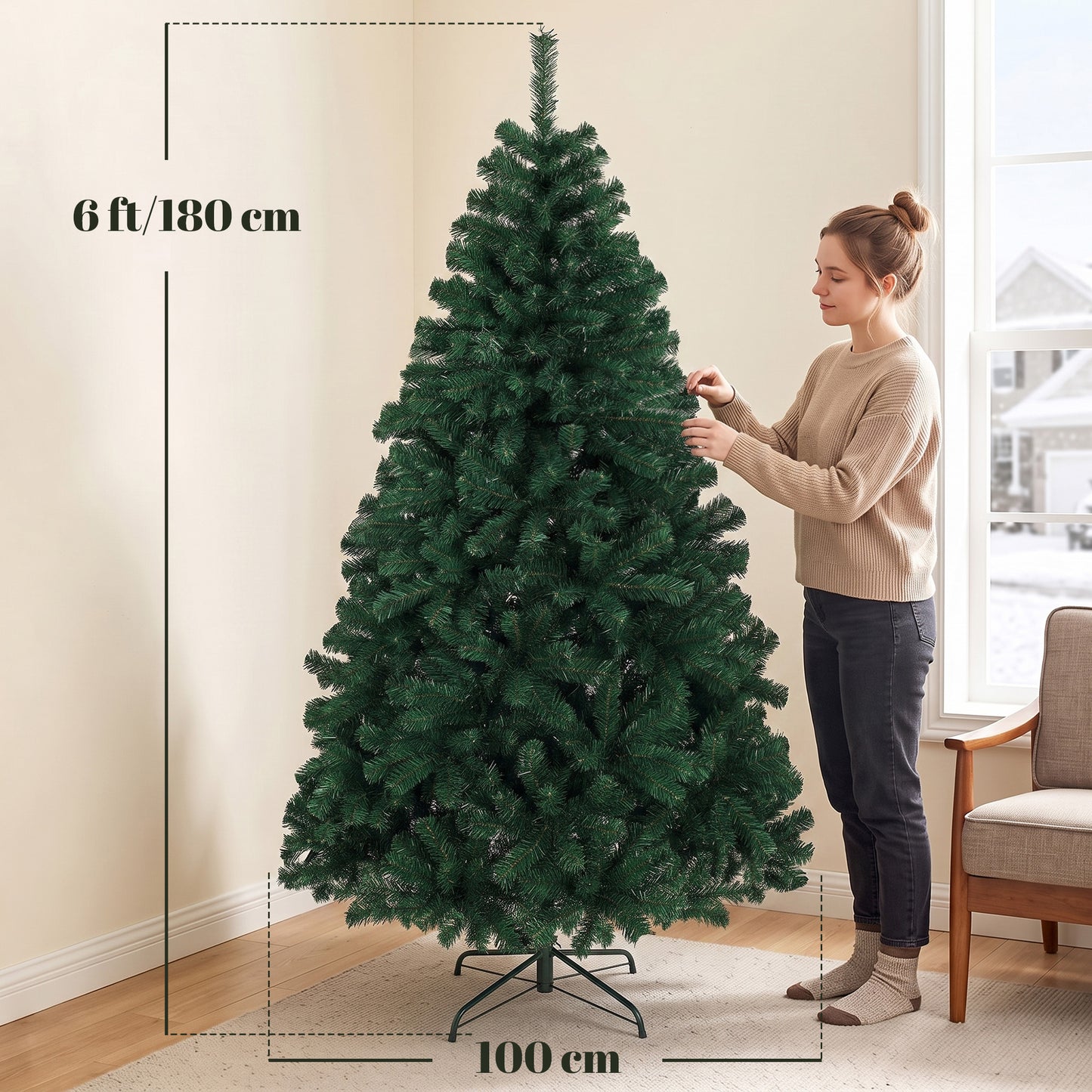 HOMCOM 6ft Artificial Christmas Tree, Fir Hinged Xmas Tree with 700 Branch Tips, Foldable Steel Stand, Green