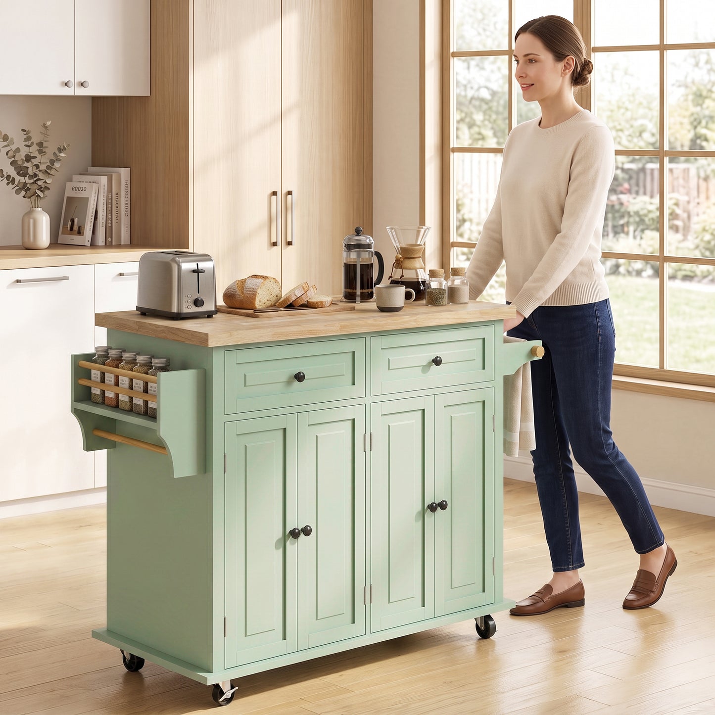 HOMCOM Rolling Kitchen Island Storage Trolley with Rubber Wood Top & Drawers for Dining Room, Light Green