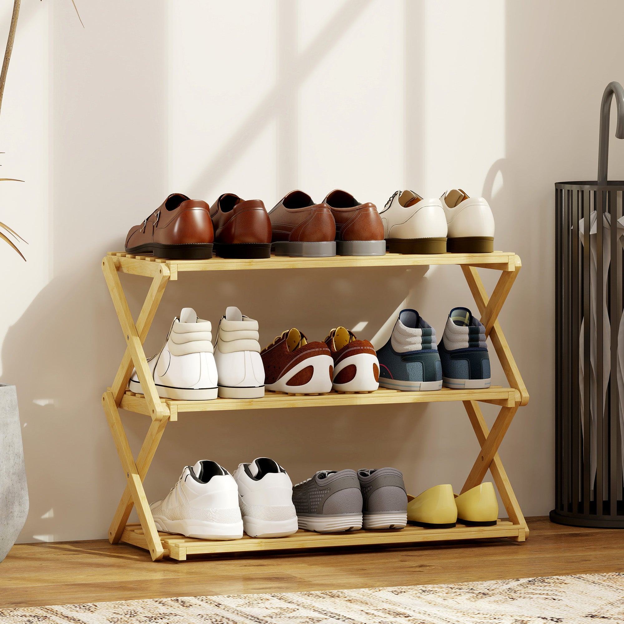 HOMCOM Three-Tier Folding Bamboo Shoe Rack - Natural Finish ...
