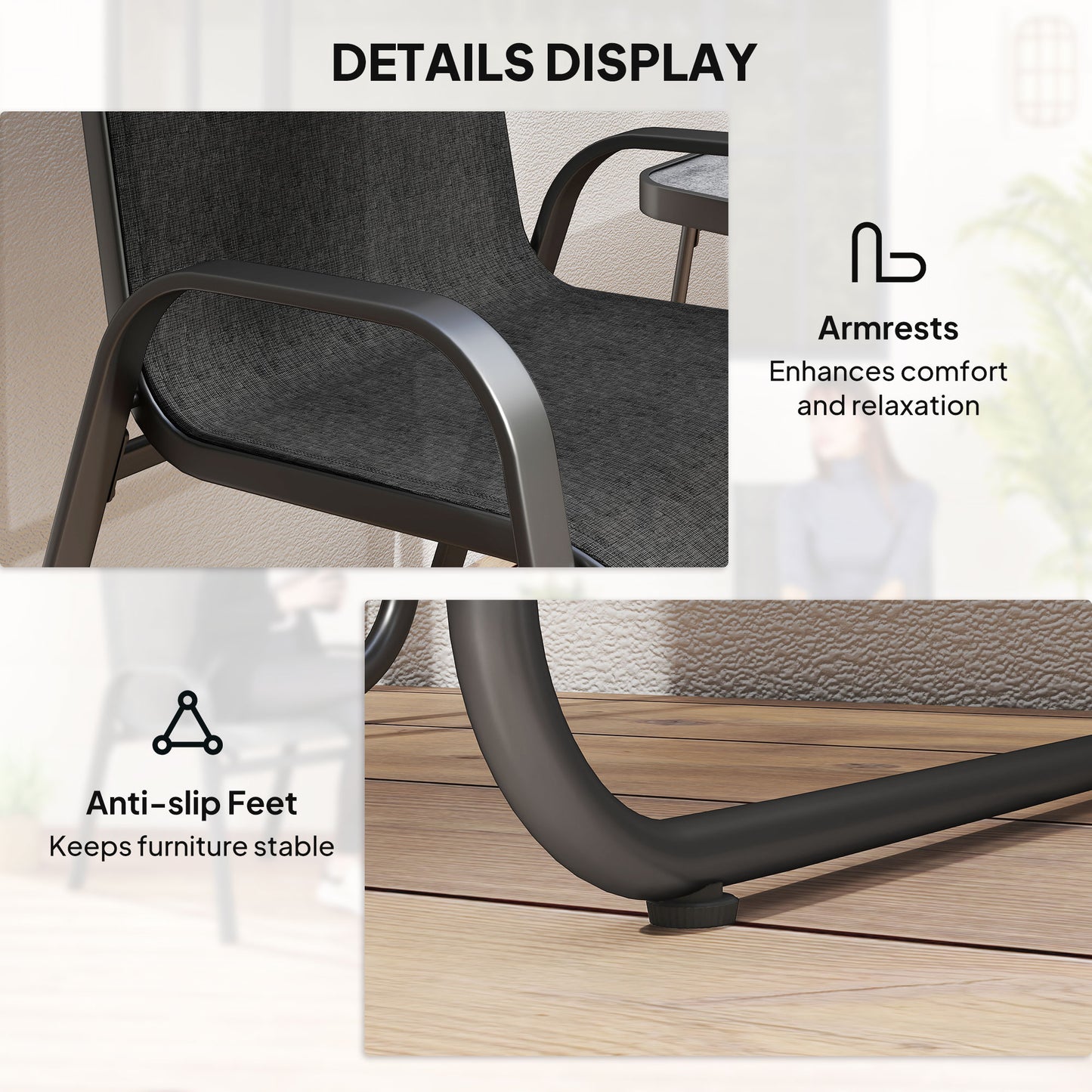 Outsunny 3 Pieces Outdoor Bistro Set, Patio Stackable Armchairs with Breathable Mesh Fabric and SPC Board Coffee Table, Black