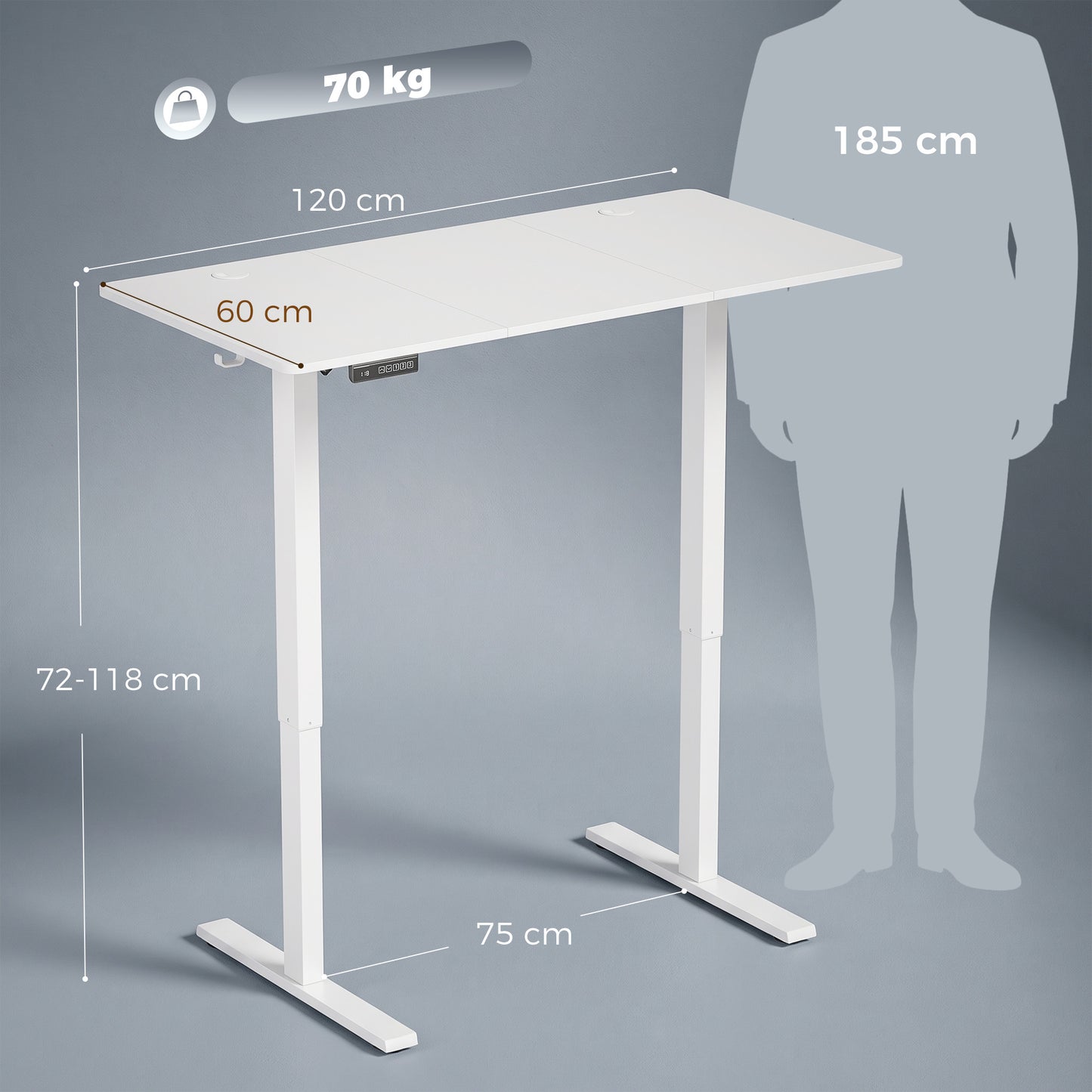 HOMCOM Standing Desk Memory Control Height Adjustable Desk 2 Cable Holes LED Display Sit Stand Desk White