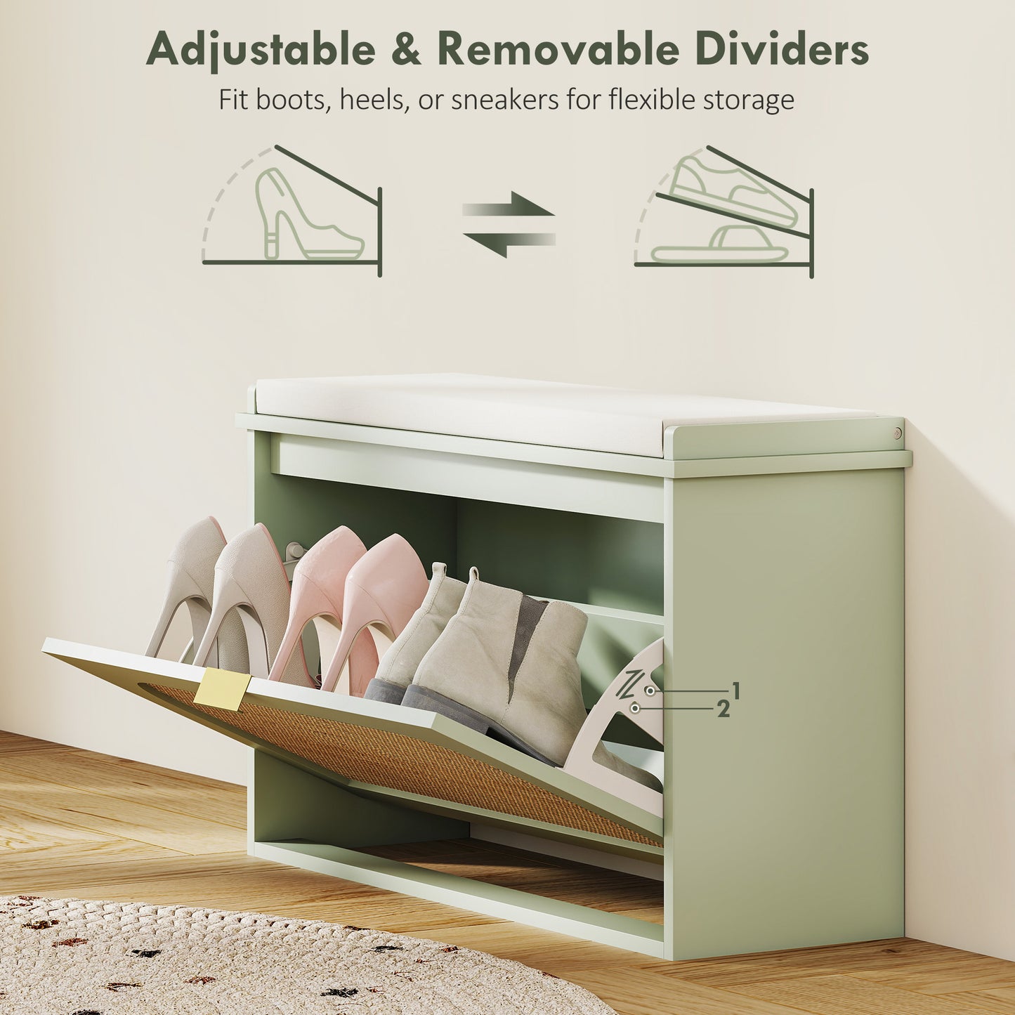 HOMCOM Boho Shoe Bench with Padded Seat and Flip-Drawer - Light Green